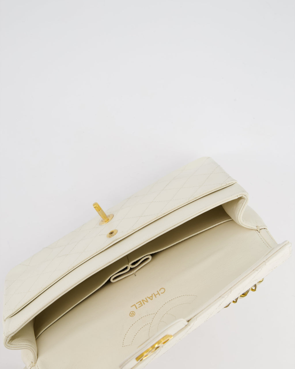 Chanel Vintage White Stitched Edge Classic Double Flap Bag with 24K Gold Hardware