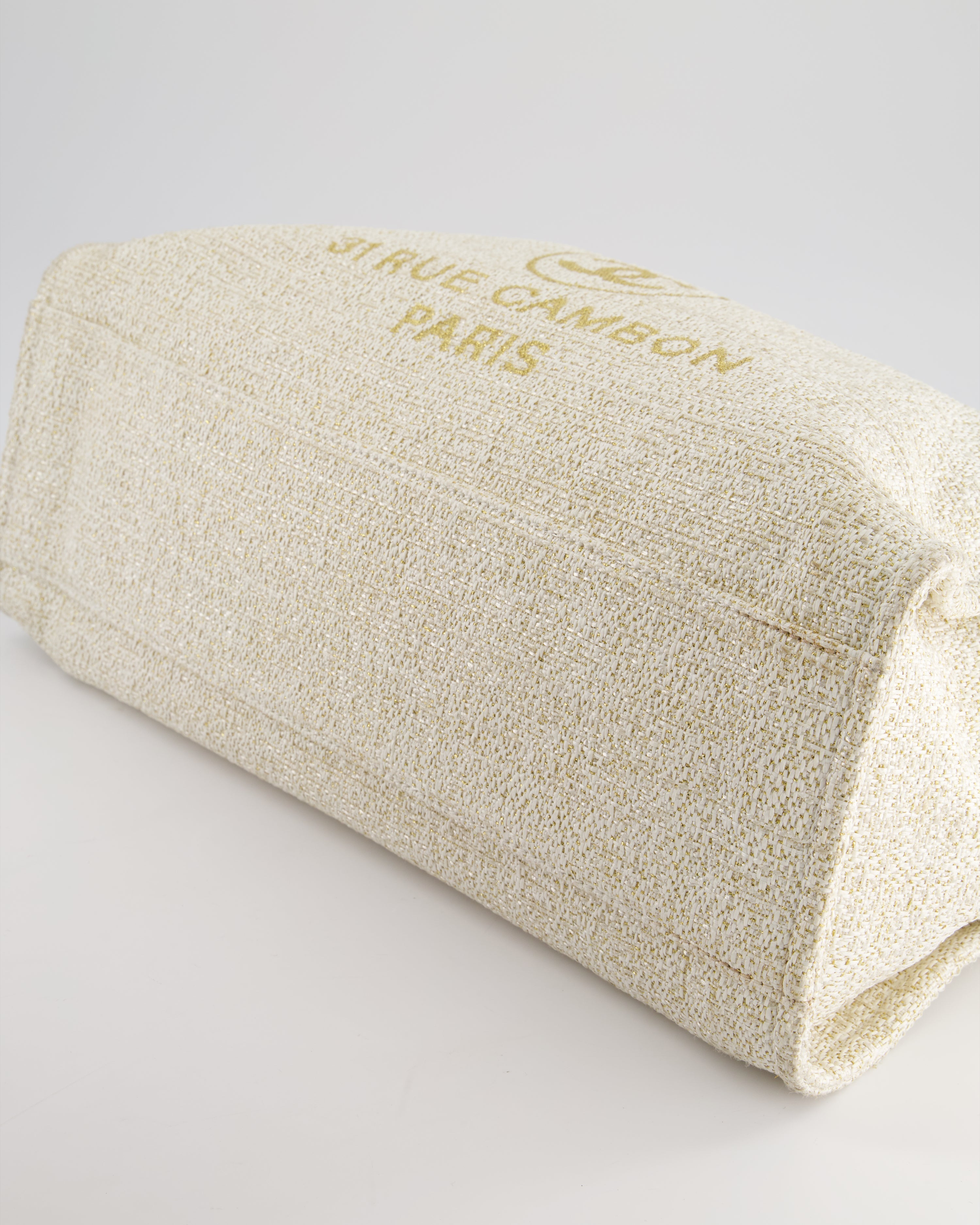 Chanel Cream Tweed Large Deauville Tote Bag with Gold Fabric Detail & Champagne Gold Hardware