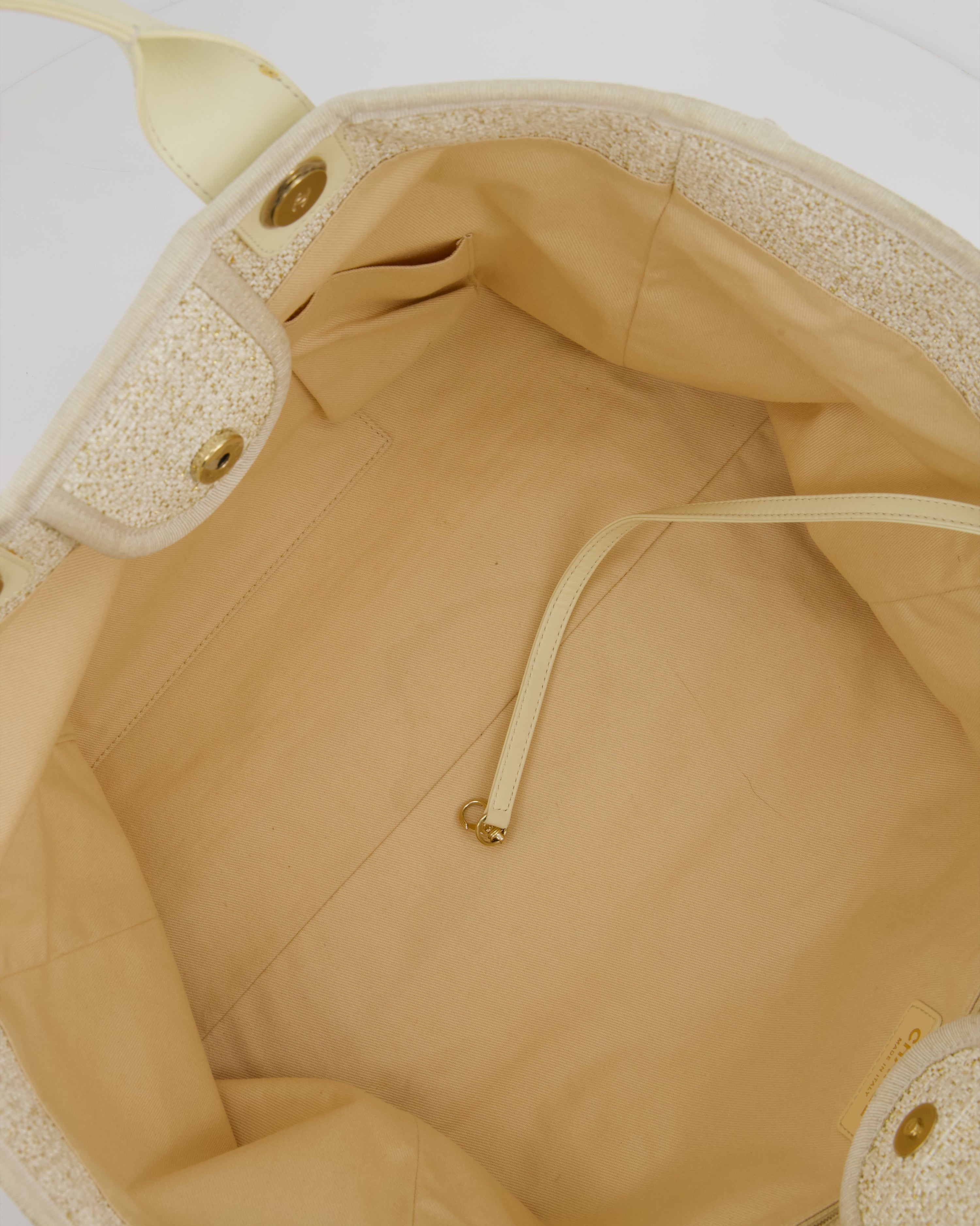 Chanel Cream Tweed Large Deauville Tote Bag with Gold Fabric Detail & Champagne Gold Hardware