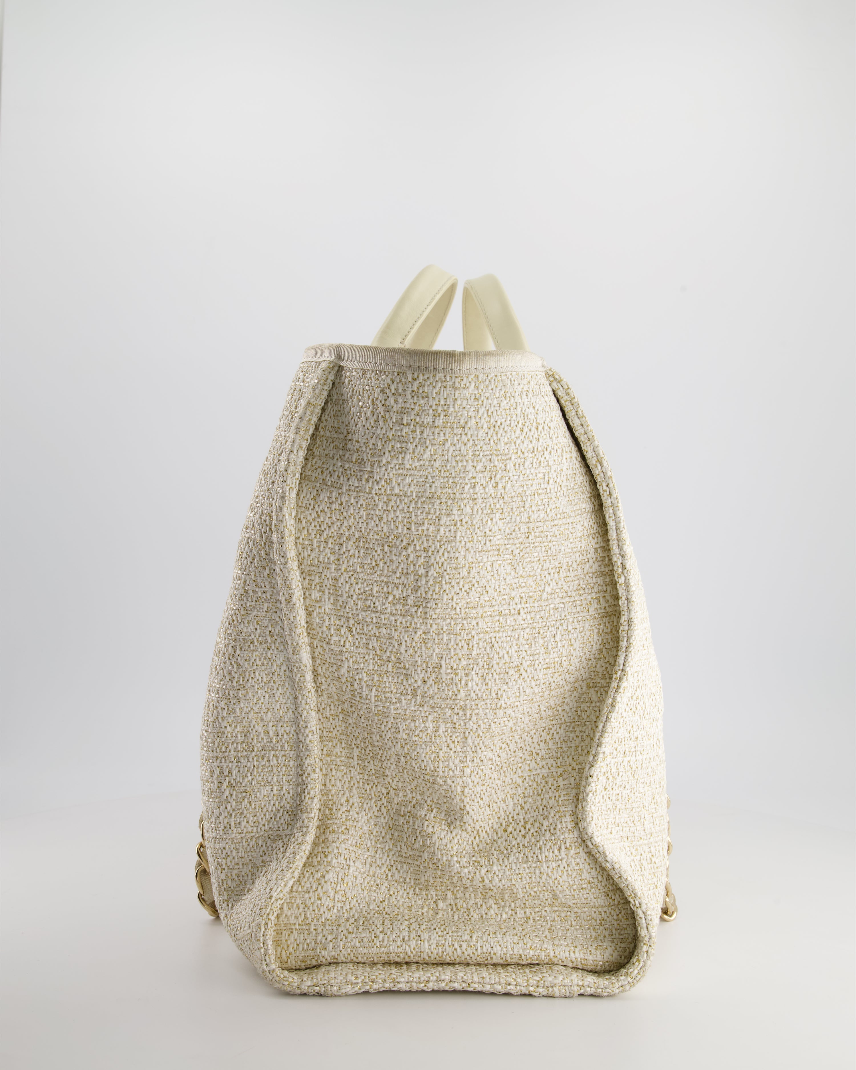 Chanel Cream Tweed Large Deauville Tote Bag with Gold Fabric Detail & Champagne Gold Hardware