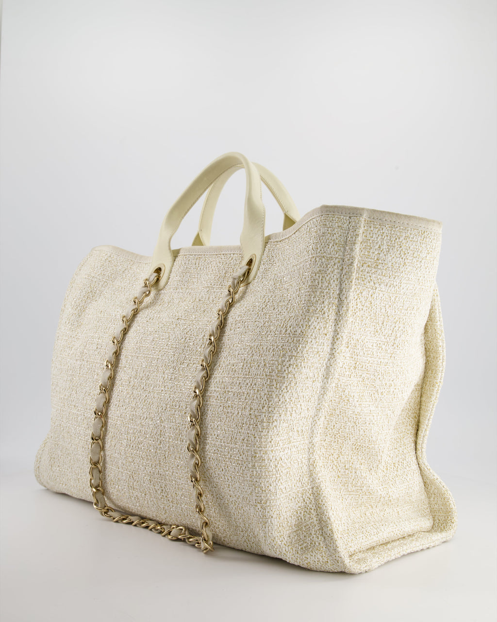 Chanel Cream Tweed Large Deauville Tote Bag with Gold Fabric Detail & Champagne Gold Hardware