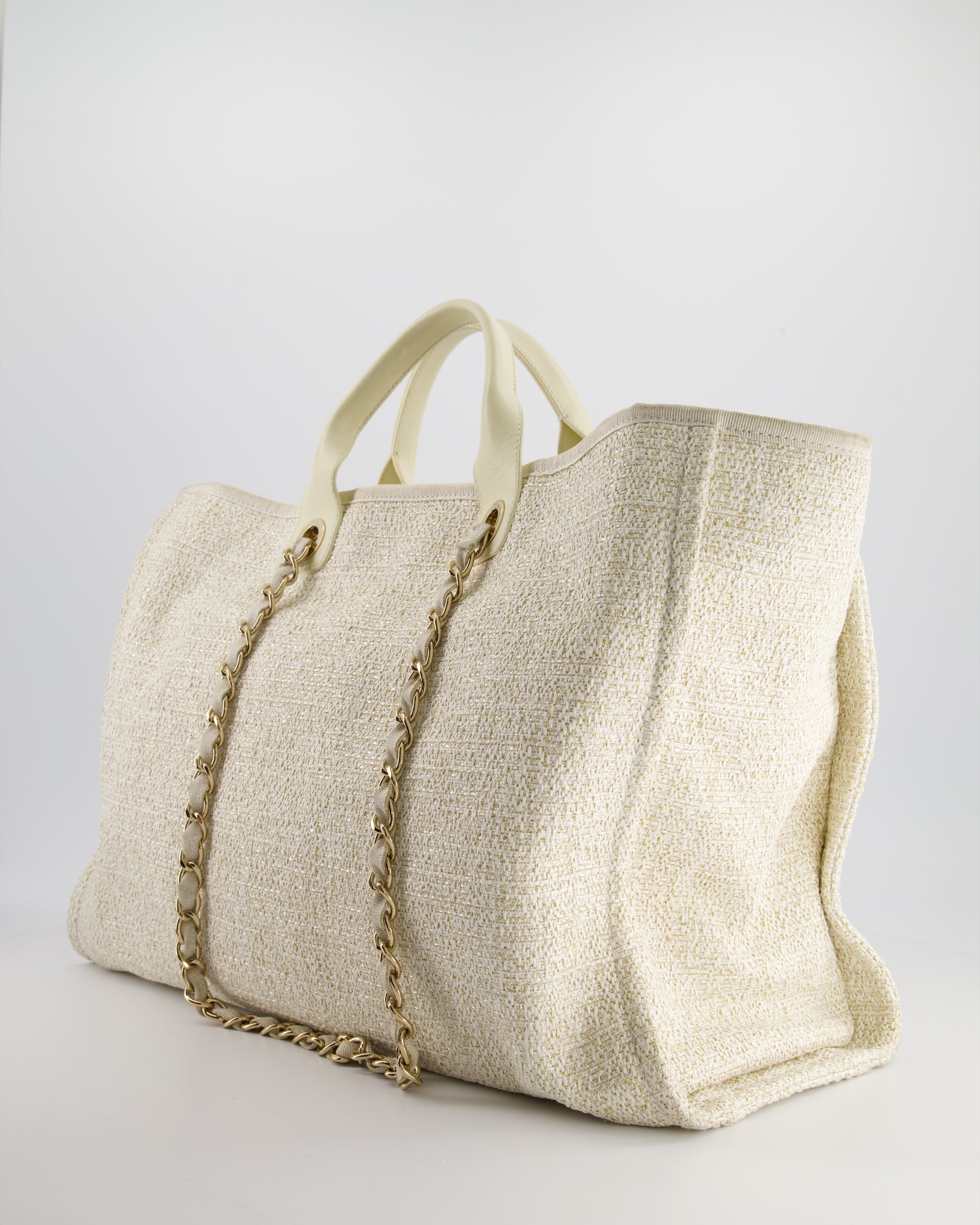 Chanel Cream Tweed Large Deauville Tote Bag with Gold Fabric Detail & Champagne Gold Hardware