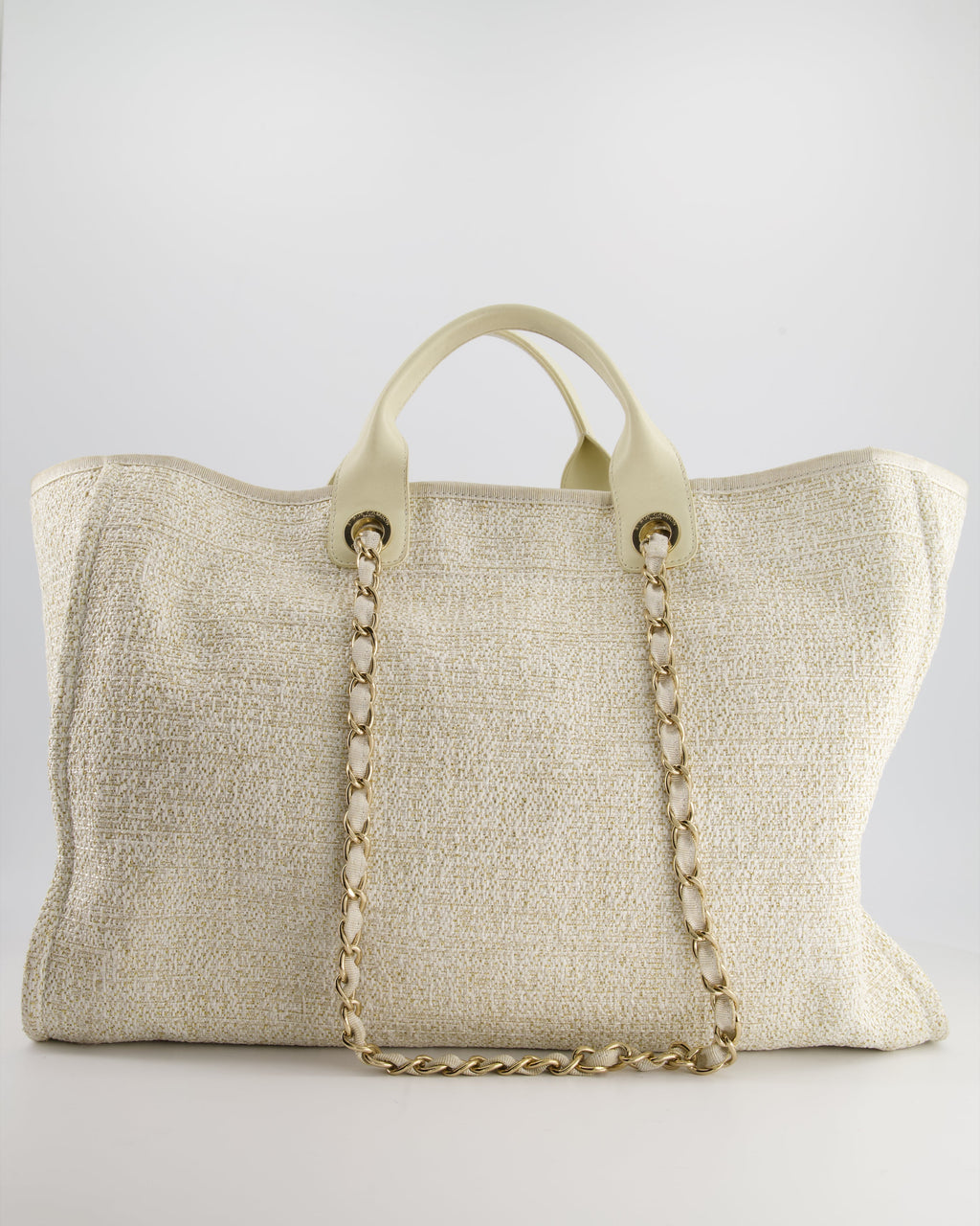 Chanel Cream Tweed Large Deauville Tote Bag with Gold Fabric Detail & Champagne Gold Hardware