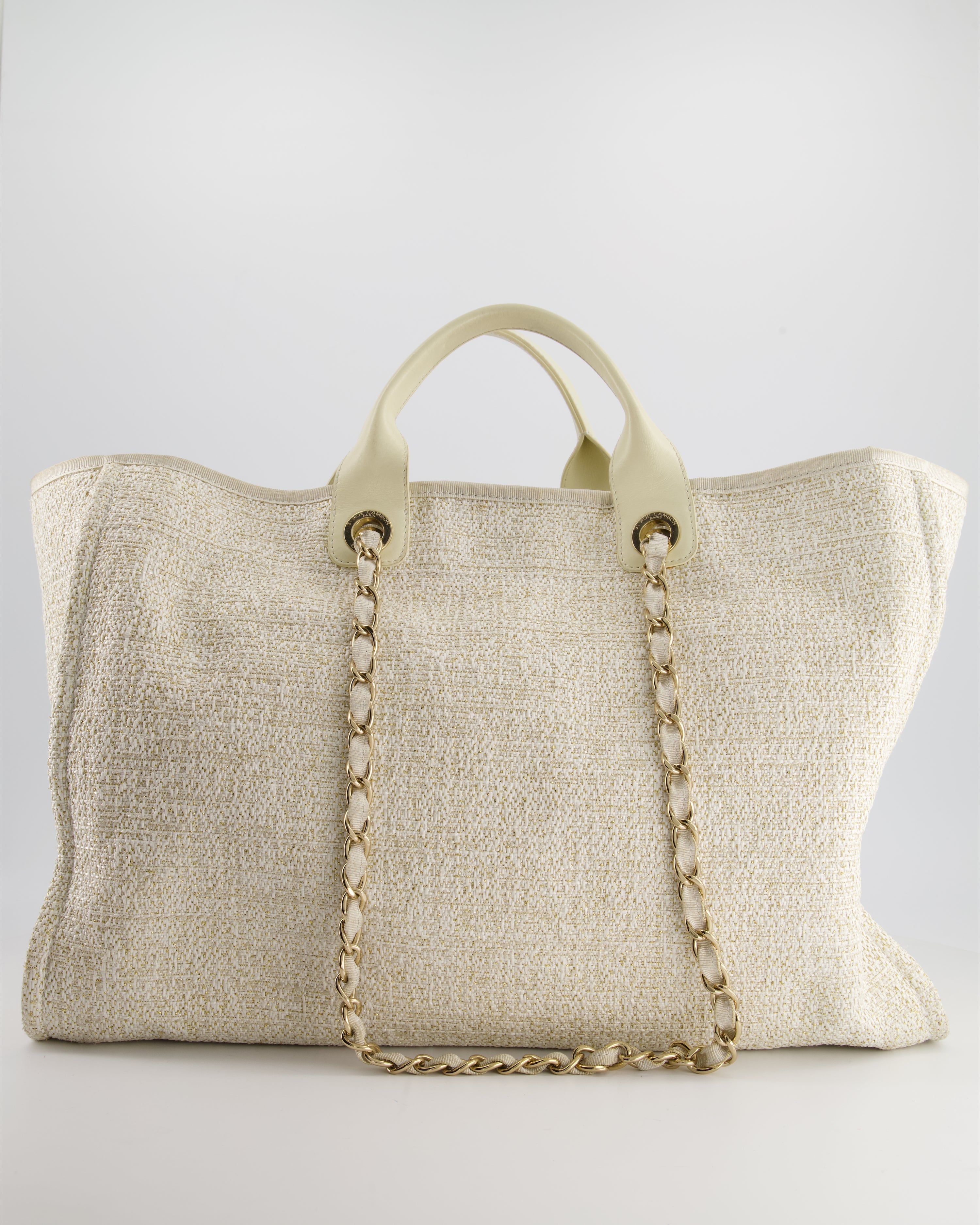 Chanel Cream Tweed Large Deauville Tote Bag with Gold Fabric Detail & Champagne Gold Hardware