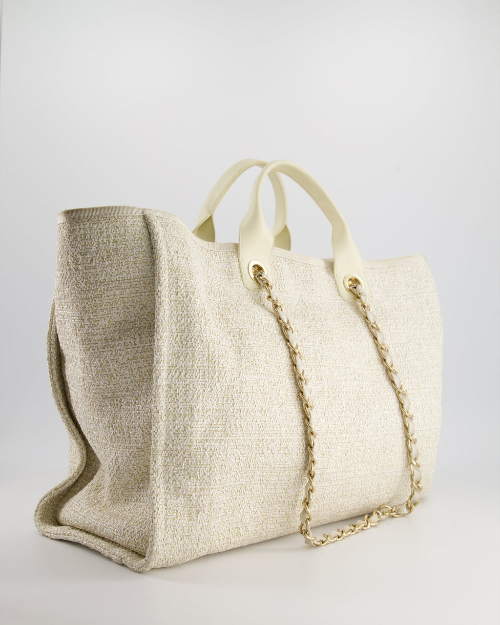 Chanel Cream Tweed Large Deauville Tote Bag with Gold Fabric Detail & Champagne Gold Hardware
