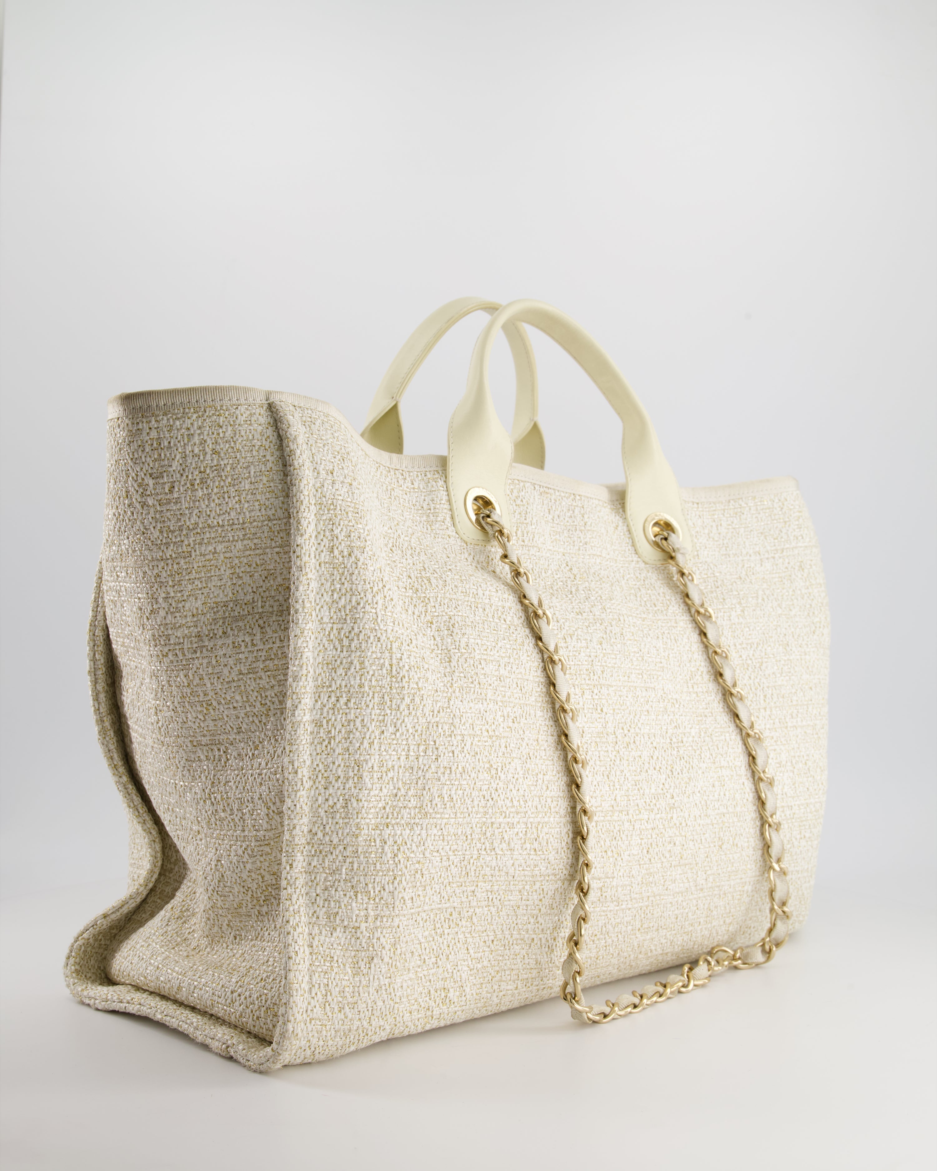 Chanel Cream Tweed Large Deauville Tote Bag with Gold Fabric Detail & Champagne Gold Hardware