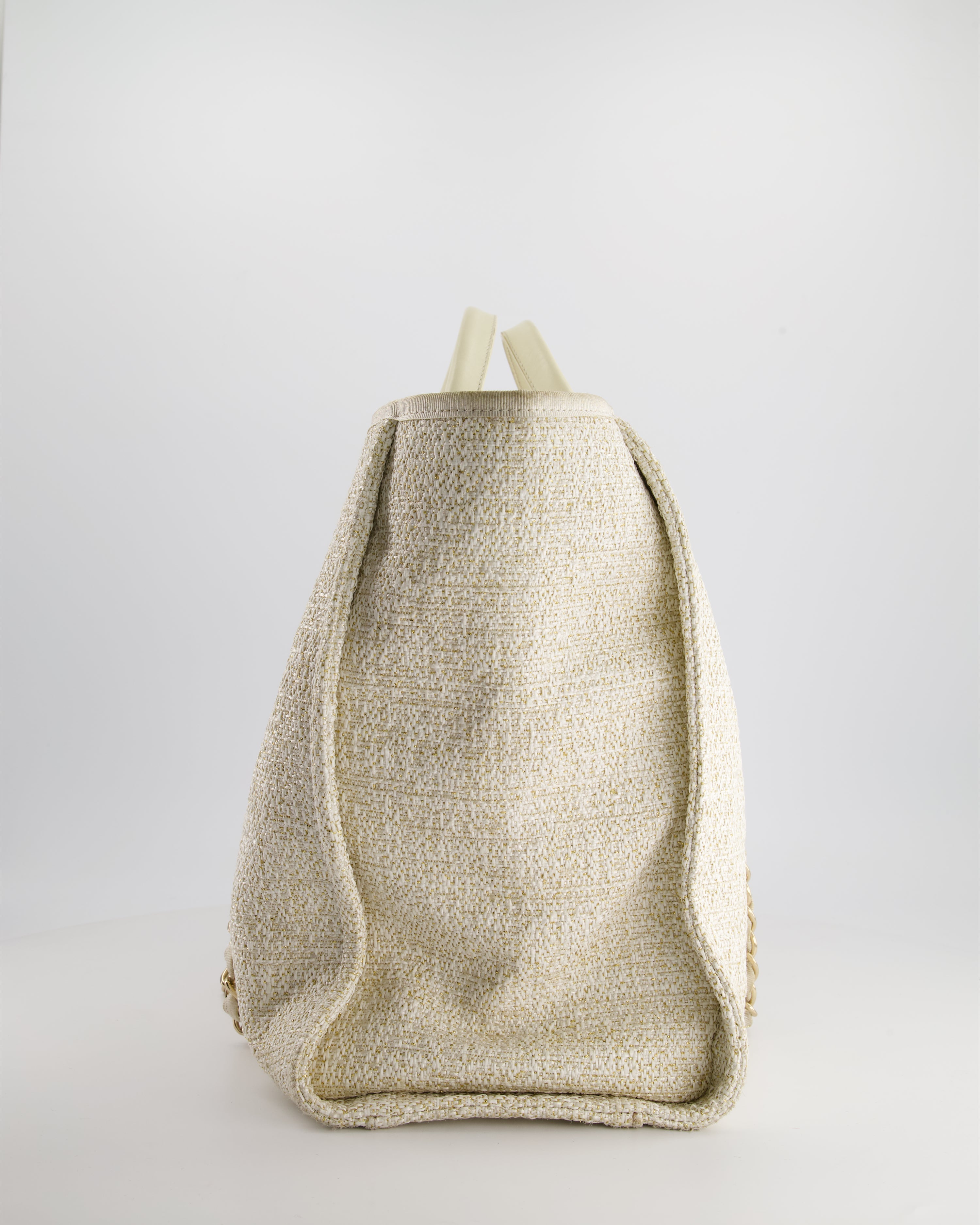 Chanel Cream Tweed Large Deauville Tote Bag with Gold Fabric Detail & Champagne Gold Hardware