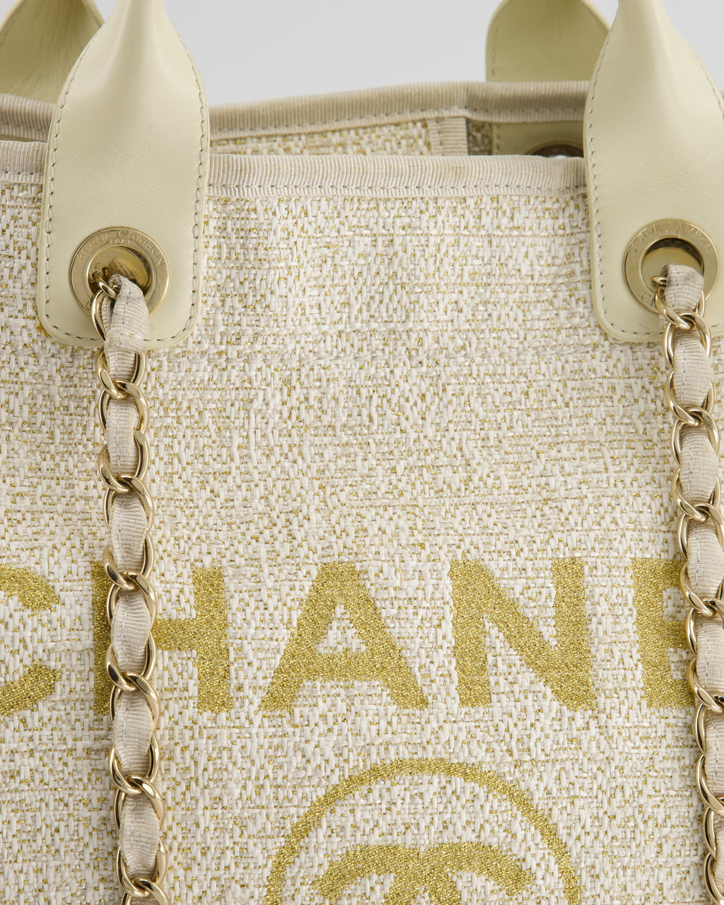 Chanel Cream Tweed Large Deauville Tote Bag with Gold Fabric Detail & Champagne Gold Hardware