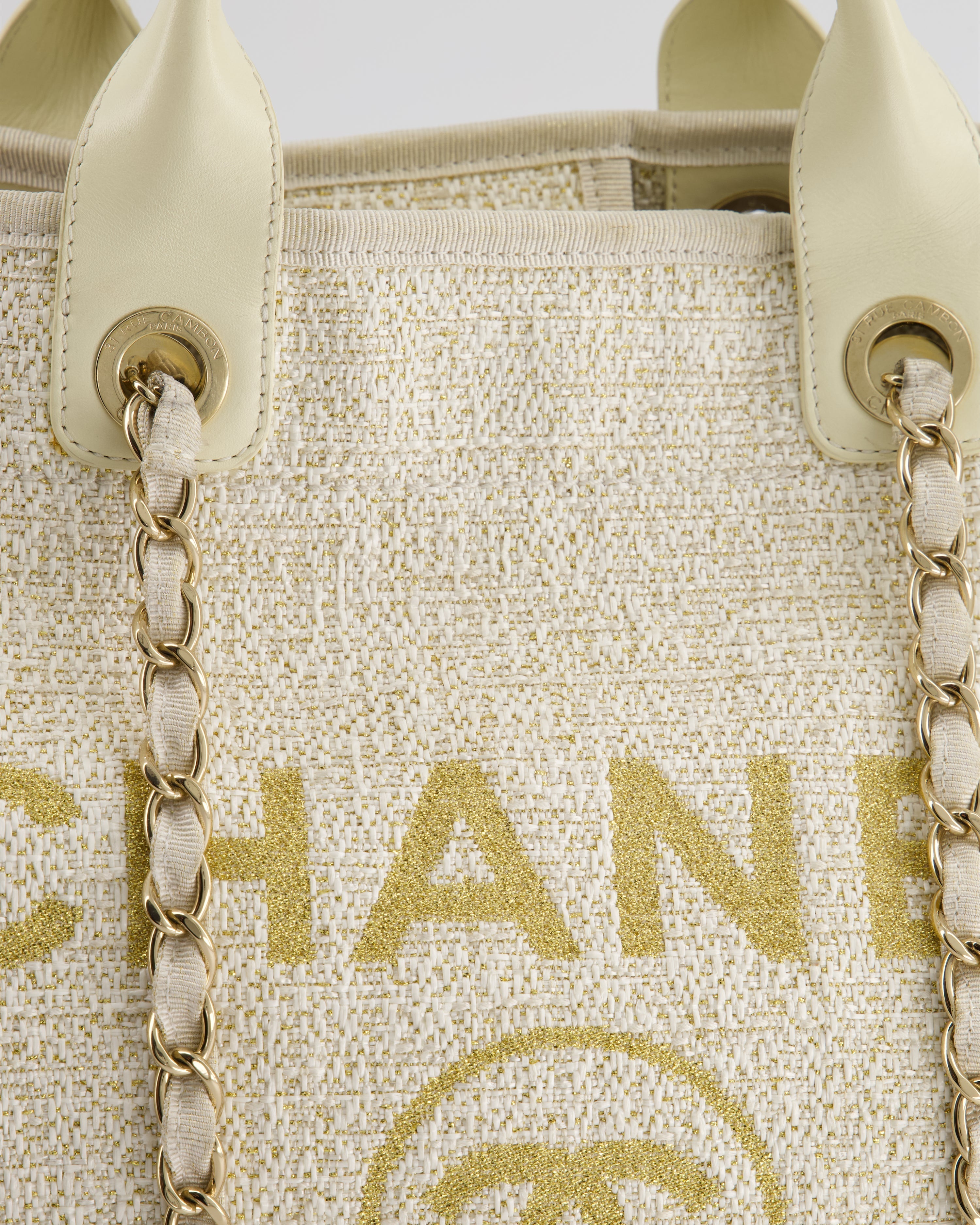 Chanel Cream Tweed Large Deauville Tote Bag with Gold Fabric Detail & Champagne Gold Hardware