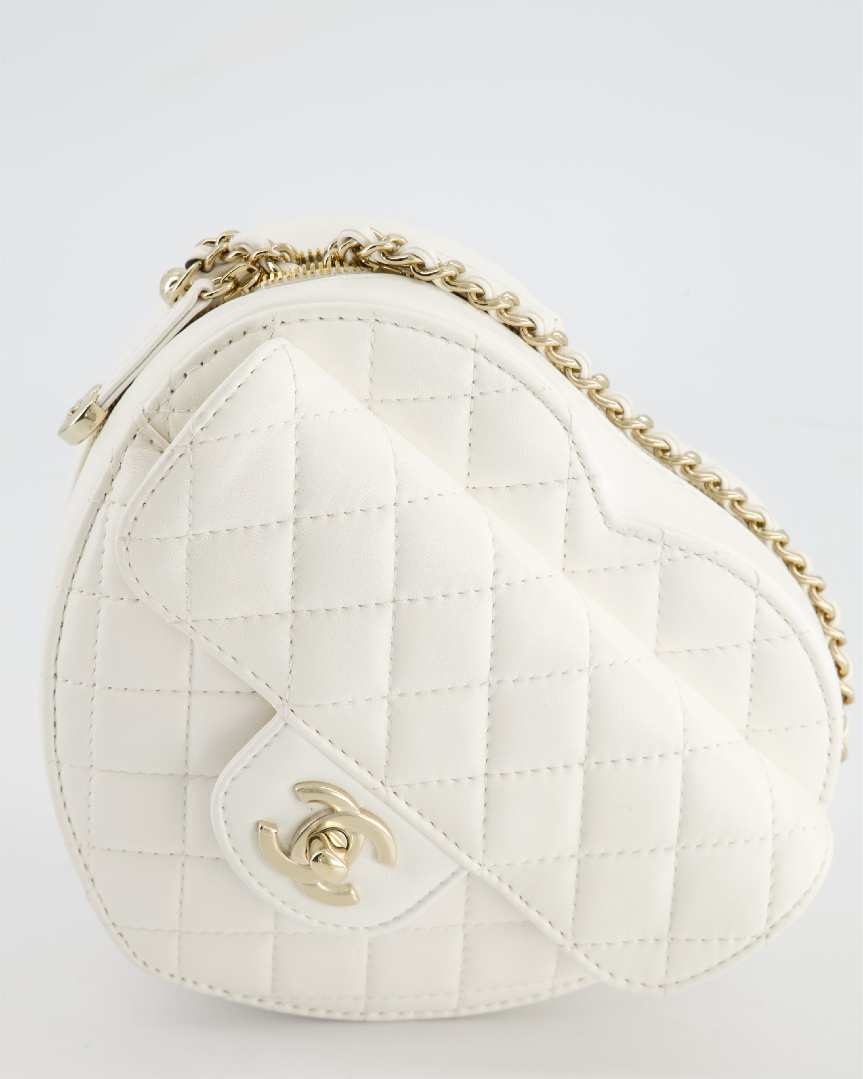 Chanel White Medium Heart Bag in Lambskin Leather with Champagne Gold Hardware