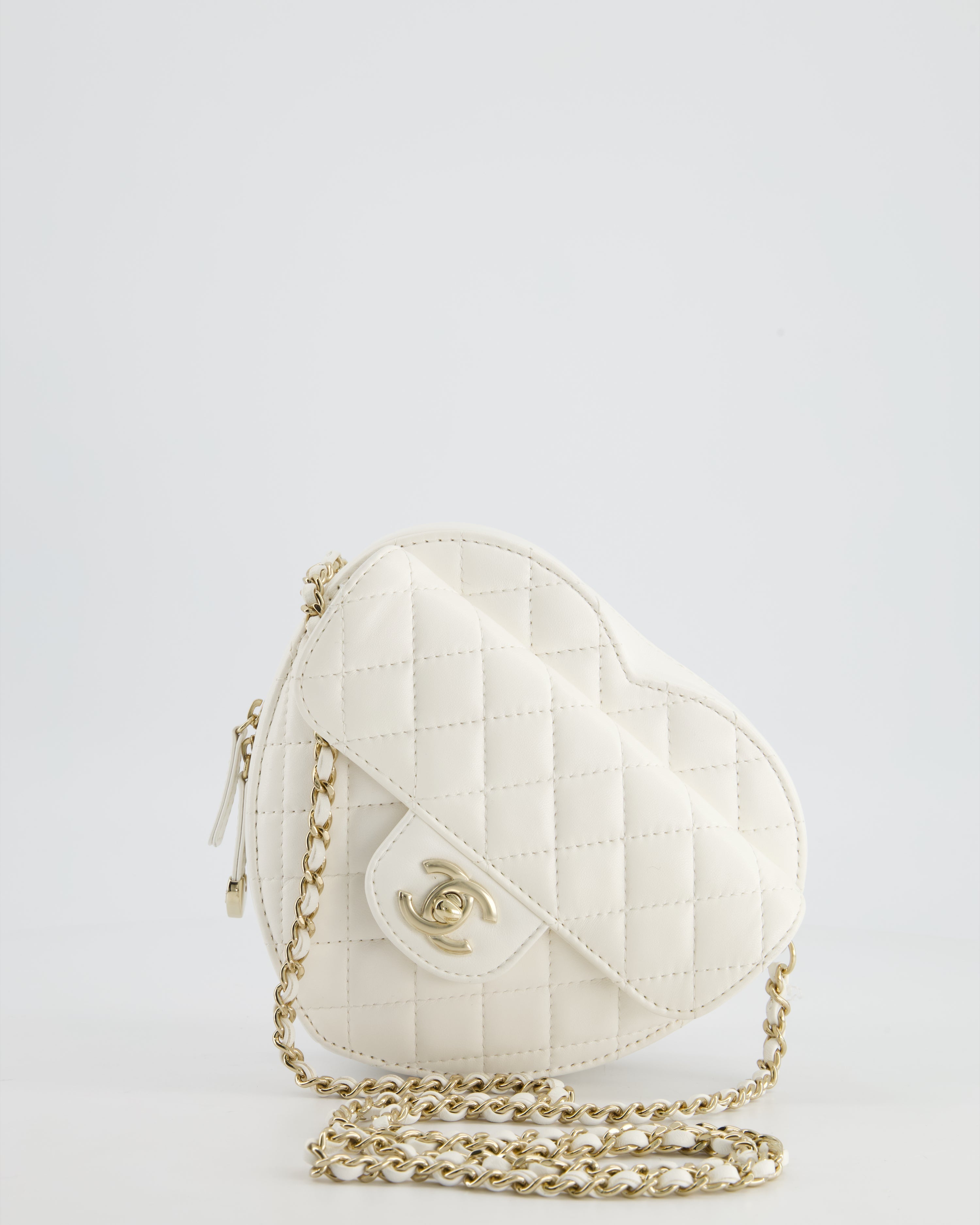 Chanel White Medium Heart Bag in Lambskin Leather with Champagne Gold Hardware