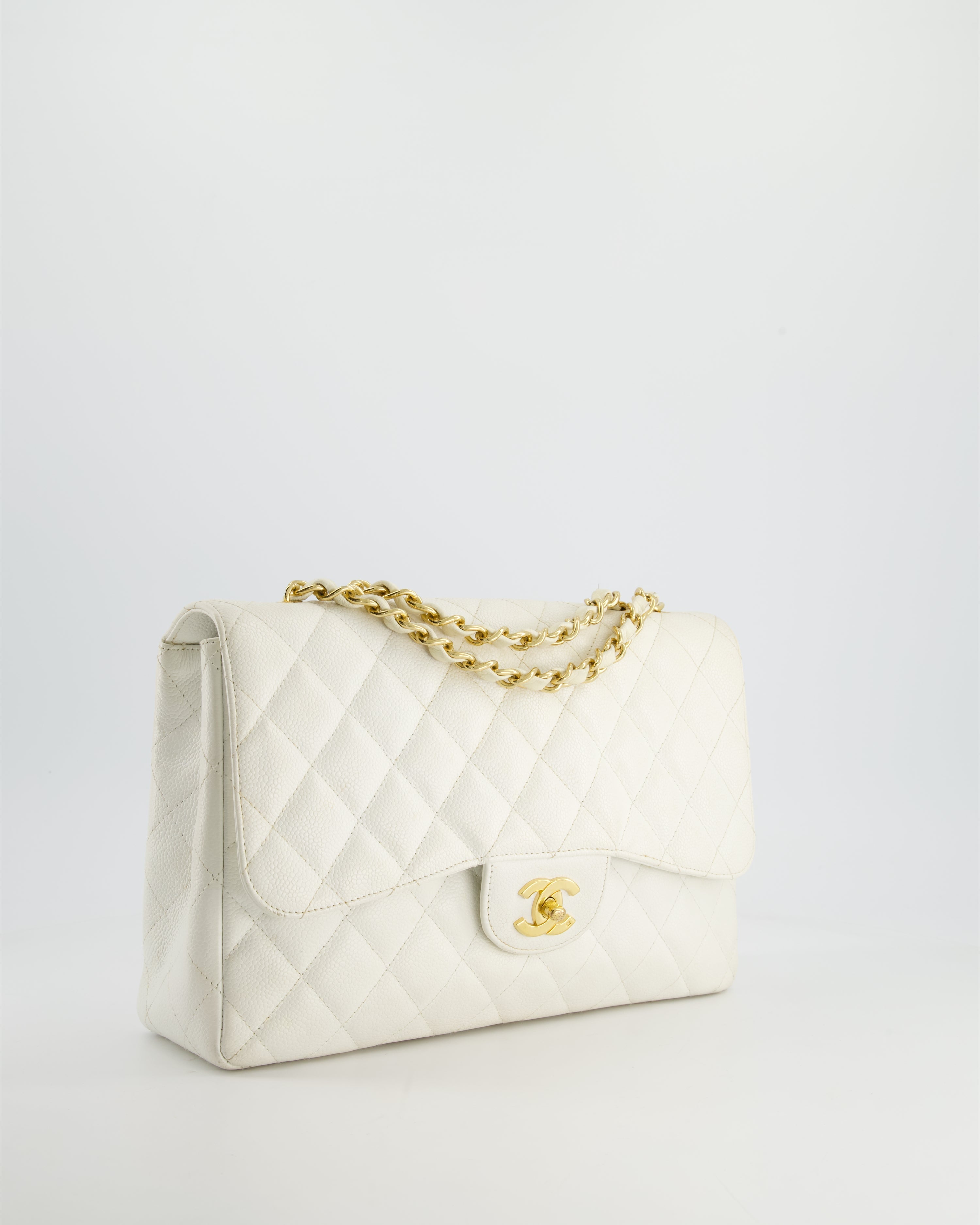 Chanel Vintage White Jumbo Classic Single Flap Bag in Caviar Leather with 24K Gold Hardware RRP £9,240