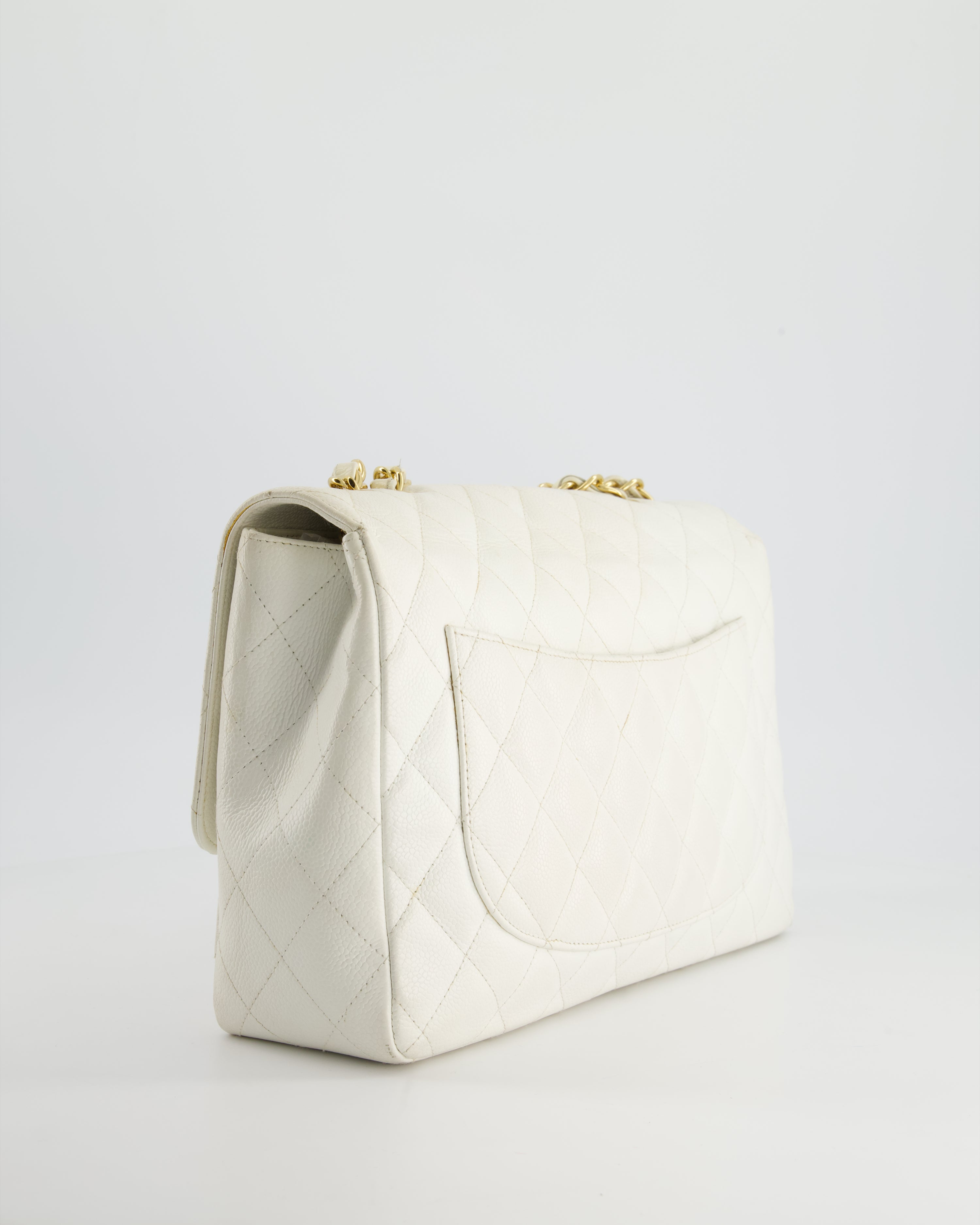 Chanel Vintage White Jumbo Classic Single Flap Bag in Caviar Leather with 24K Gold Hardware RRP £9,240