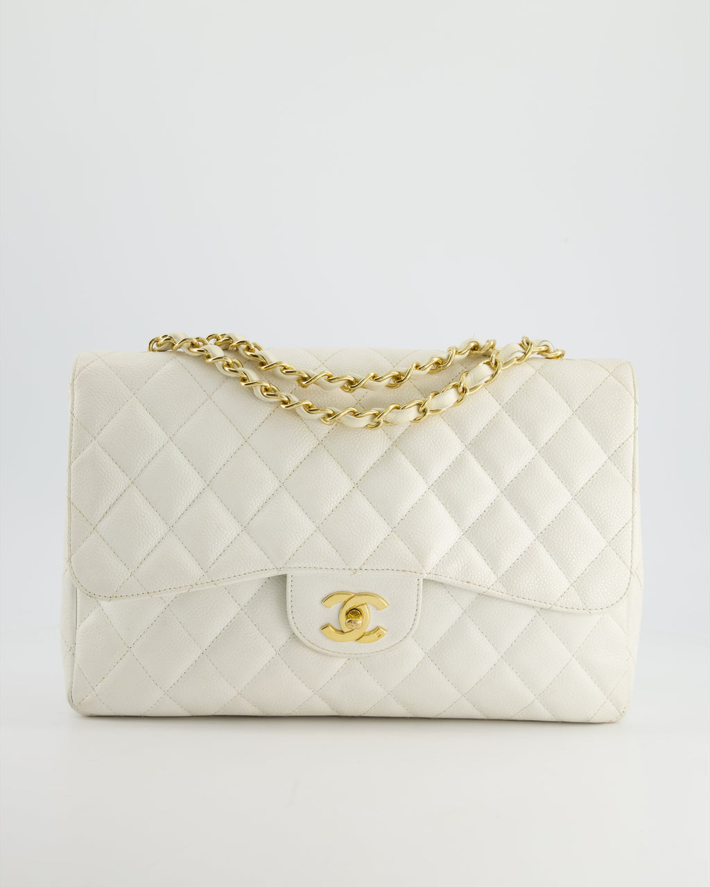 Chanel Vintage White Jumbo Classic Single Flap Bag in Caviar Leather with 24K Gold Hardware RRP £9,240