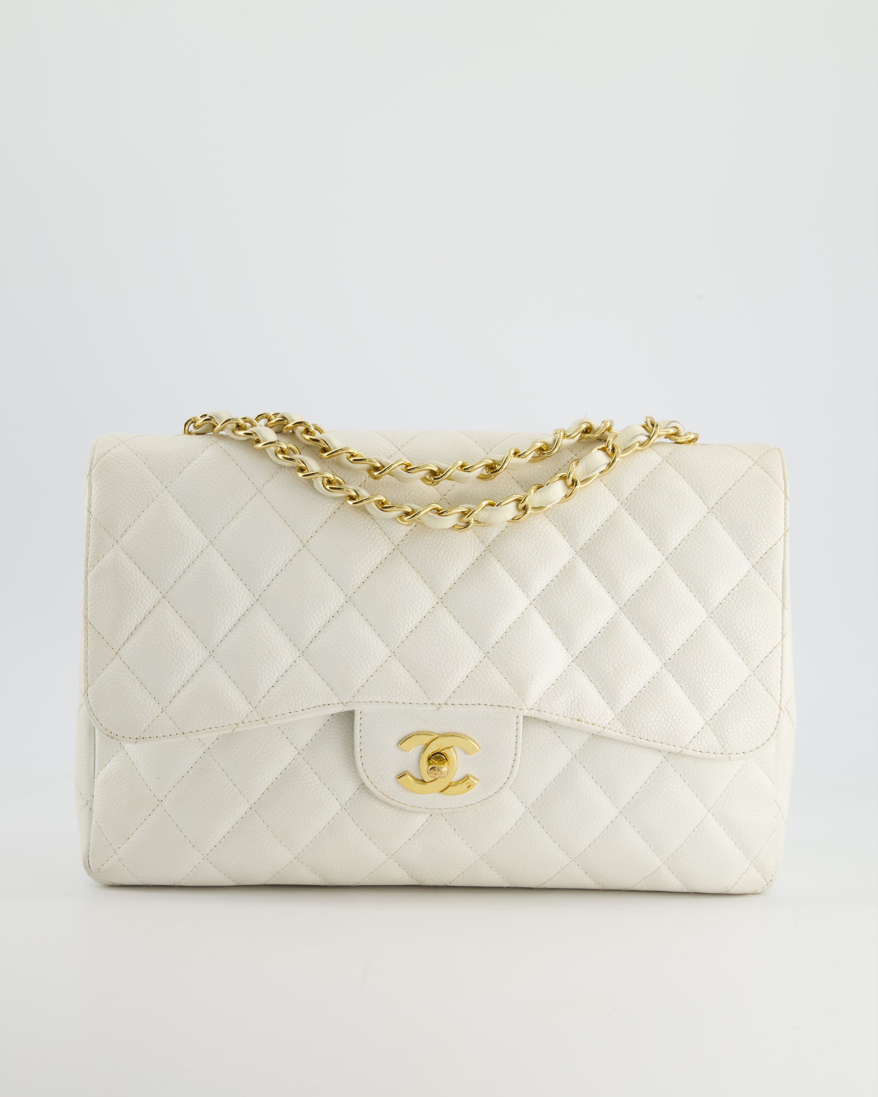 Chanel Vintage White Jumbo Classic Single Flap Bag in Caviar Leather with 24K Gold Hardware RRP £9,240