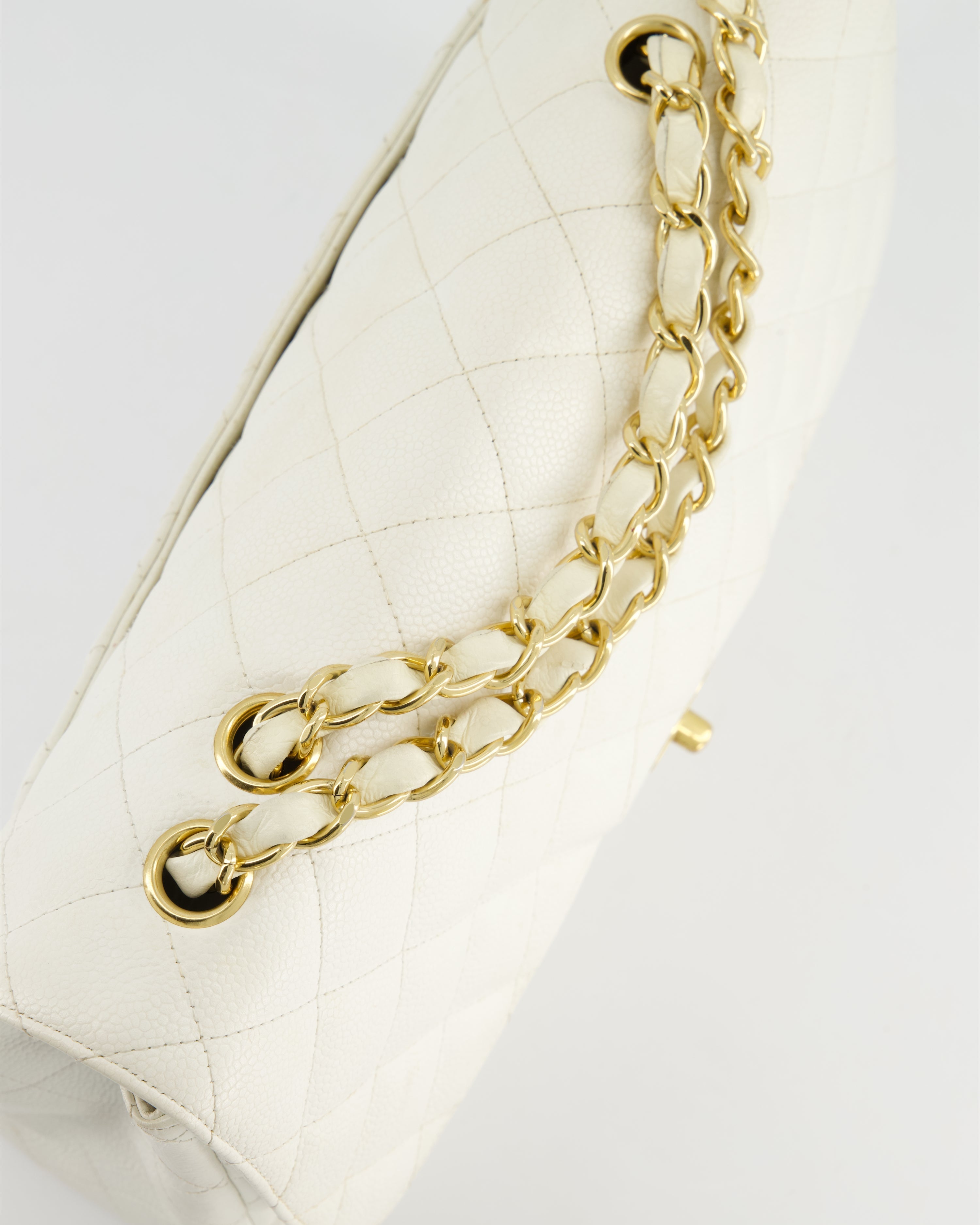 Chanel Vintage White Jumbo Classic Single Flap Bag in Caviar Leather with 24K Gold Hardware RRP £9,240