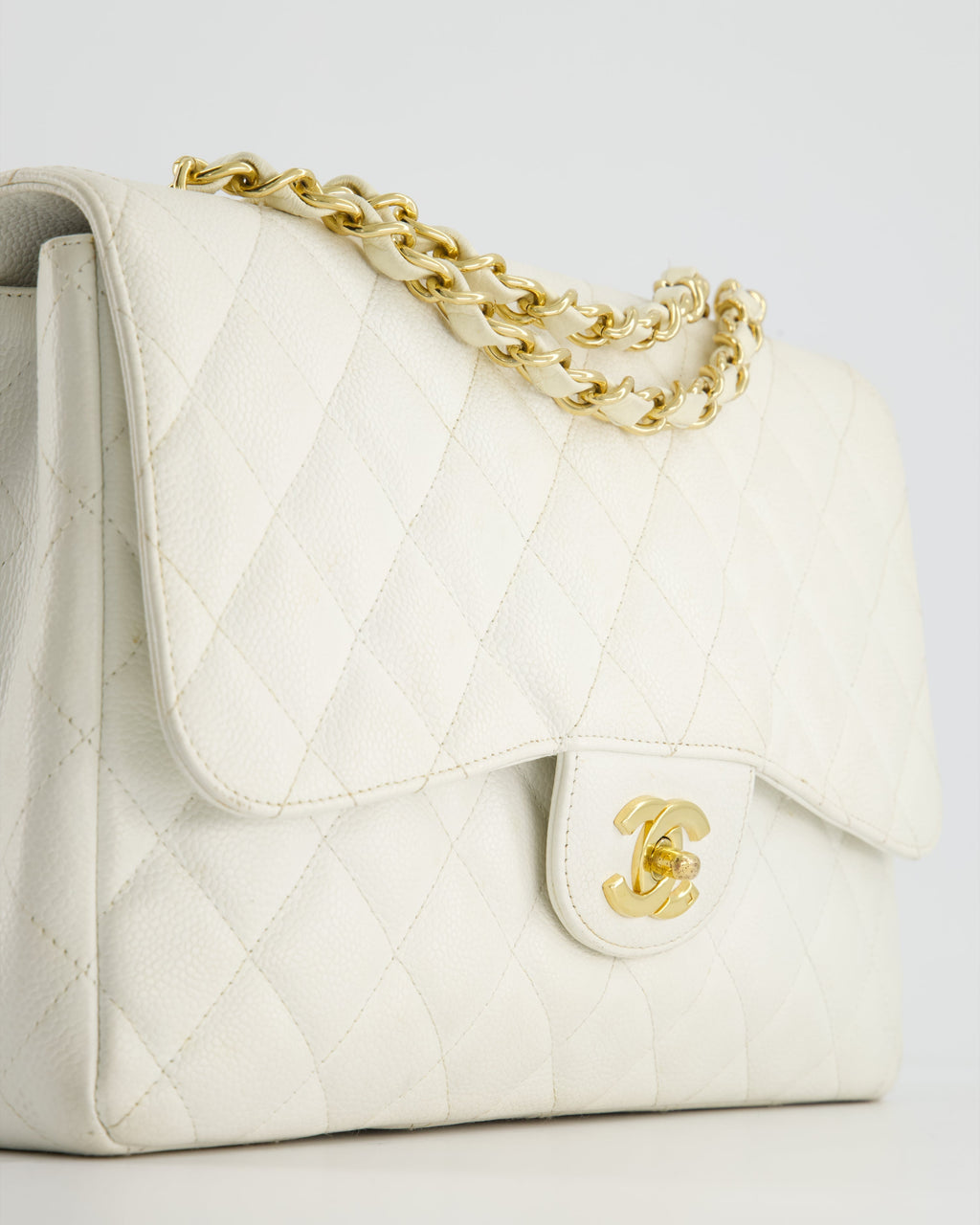 Chanel Vintage White Jumbo Classic Single Flap Bag in Caviar Leather with 24K Gold Hardware RRP £9,240