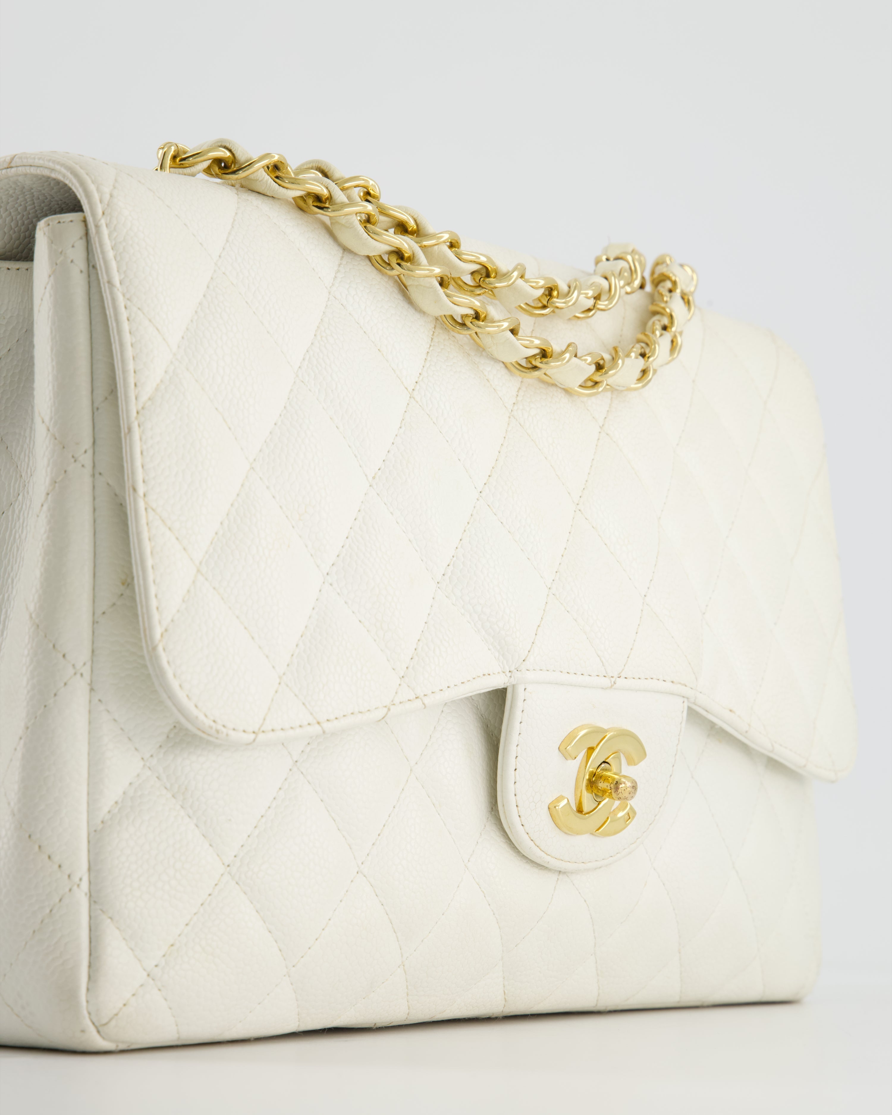 Chanel Vintage White Jumbo Classic Single Flap Bag in Caviar Leather with 24K Gold Hardware RRP £9,240