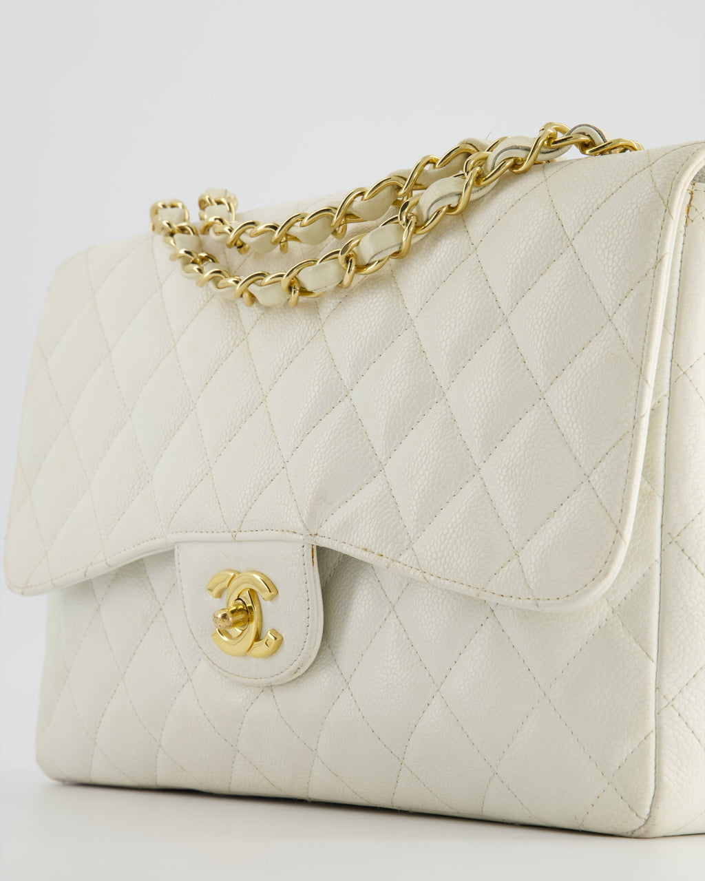 Chanel Vintage White Jumbo Classic Single Flap Bag in Caviar Leather with 24K Gold Hardware RRP £9,240