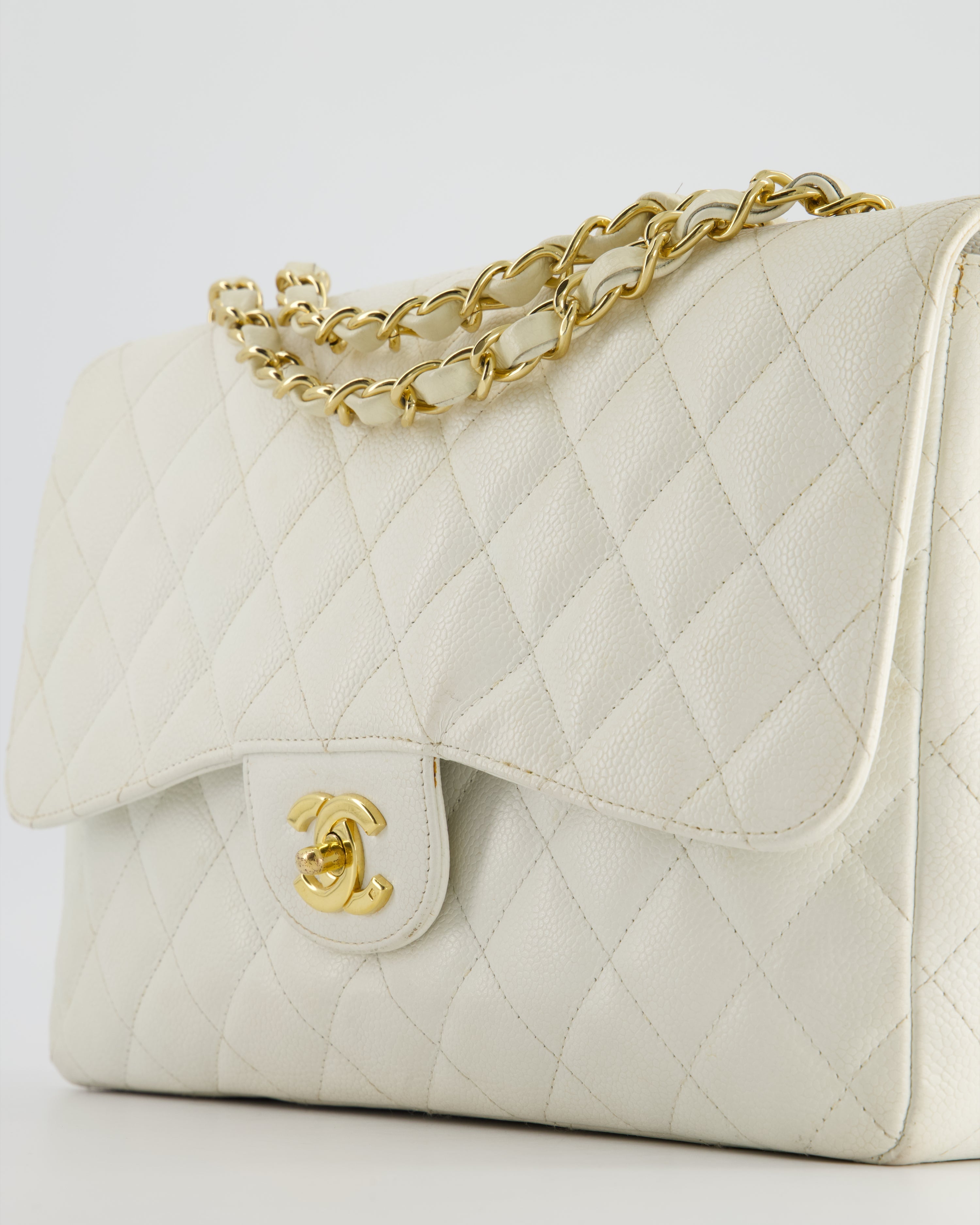 Chanel Vintage White Jumbo Classic Single Flap Bag in Caviar Leather with 24K Gold Hardware RRP £9,240