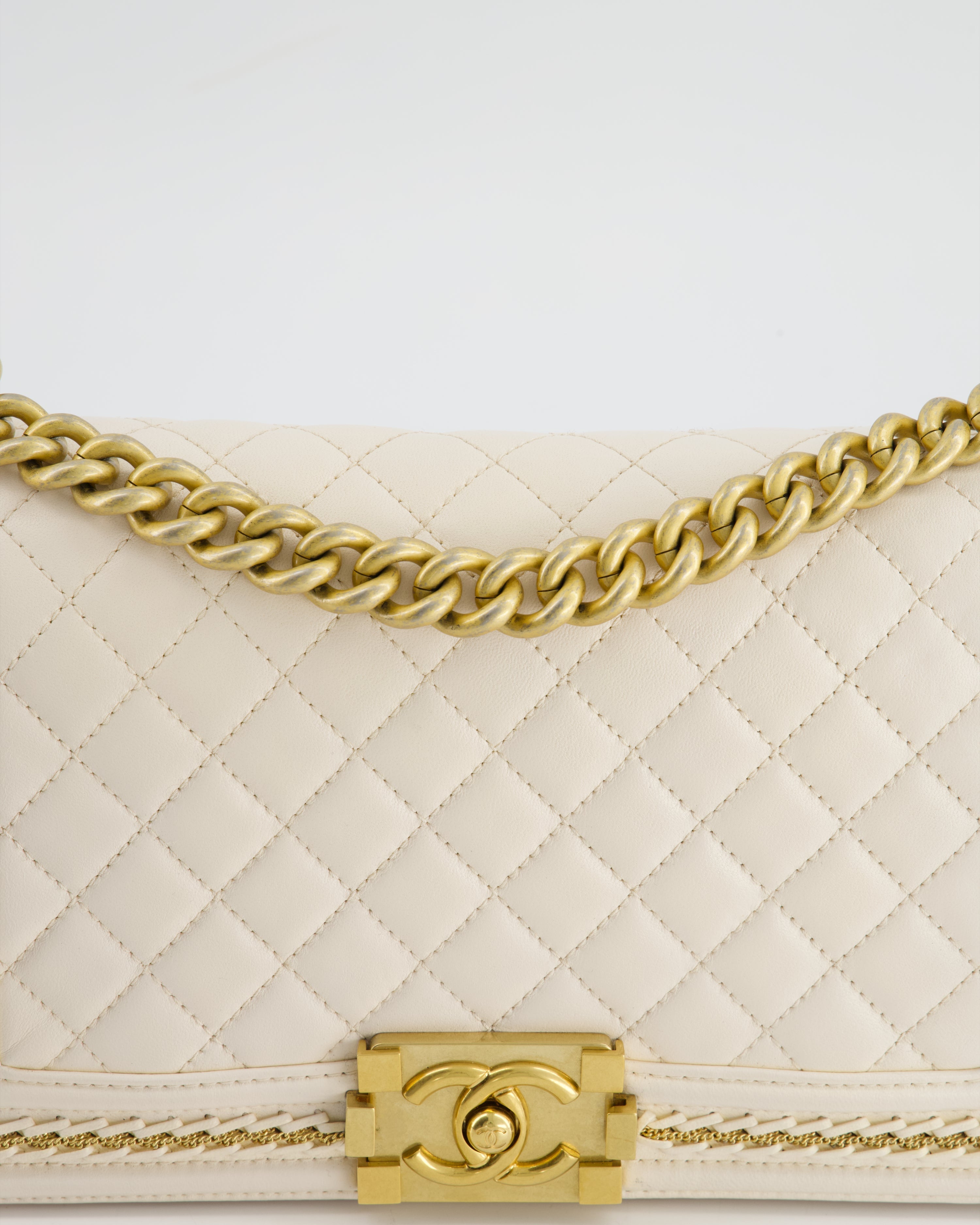 Chanel 17P White Medium Boy Bag in Lambskin Leather with Brushed Gold Hardware and Gold Chain Detail