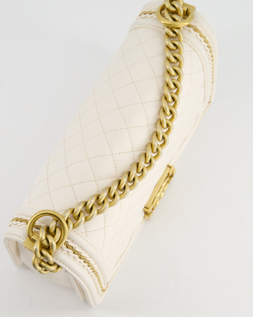 Chanel 17P White Medium Boy Bag in Lambskin Leather with Brushed Gold Hardware and Gold Chain Detail
