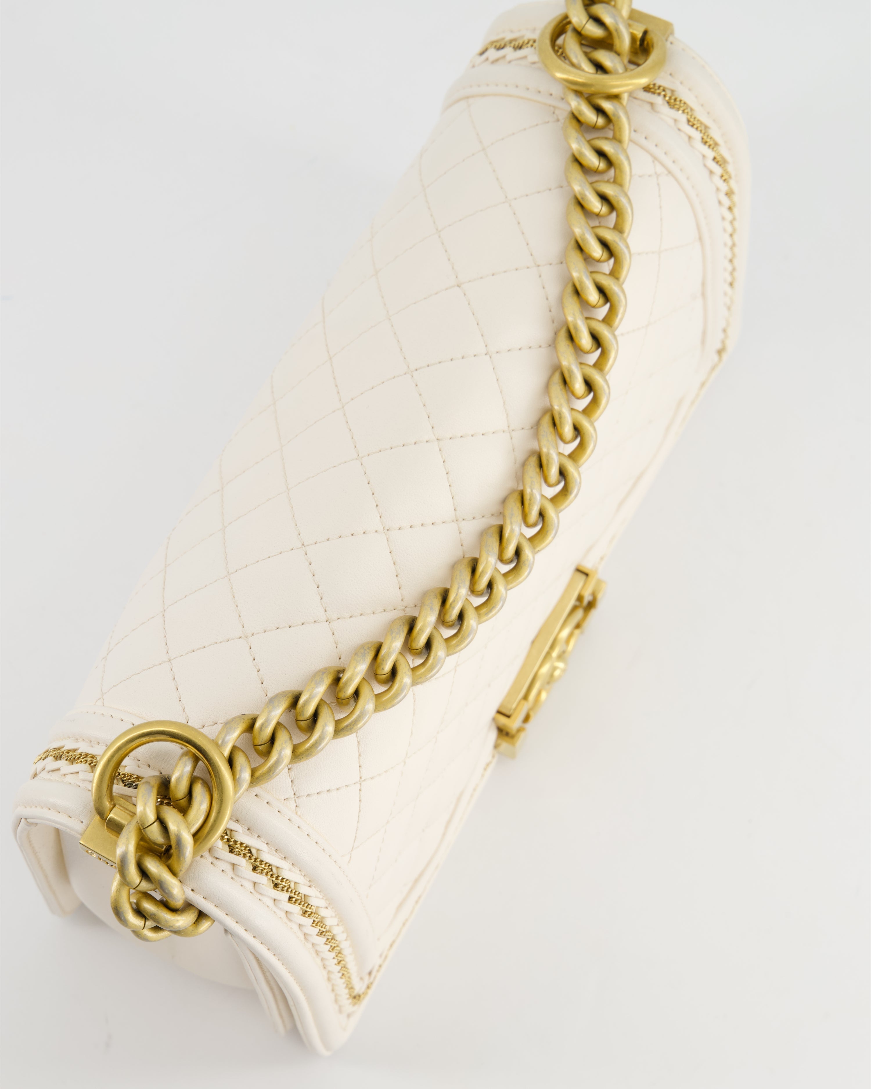 Chanel 17P White Medium Boy Bag in Lambskin Leather with Brushed Gold Hardware and Gold Chain Detail
