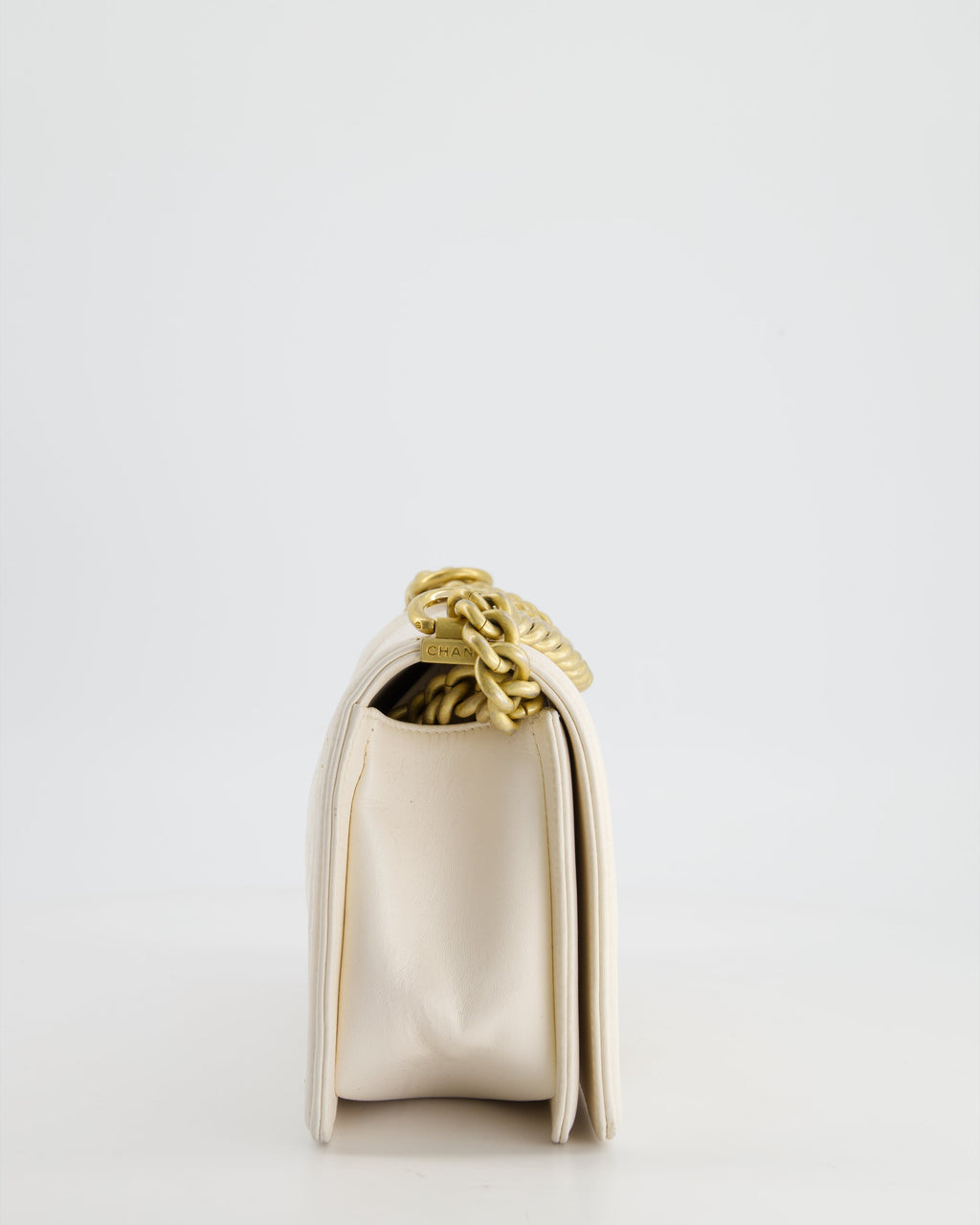 Chanel 17P White Medium Boy Bag in Lambskin Leather with Brushed Gold Hardware and Gold Chain Detail