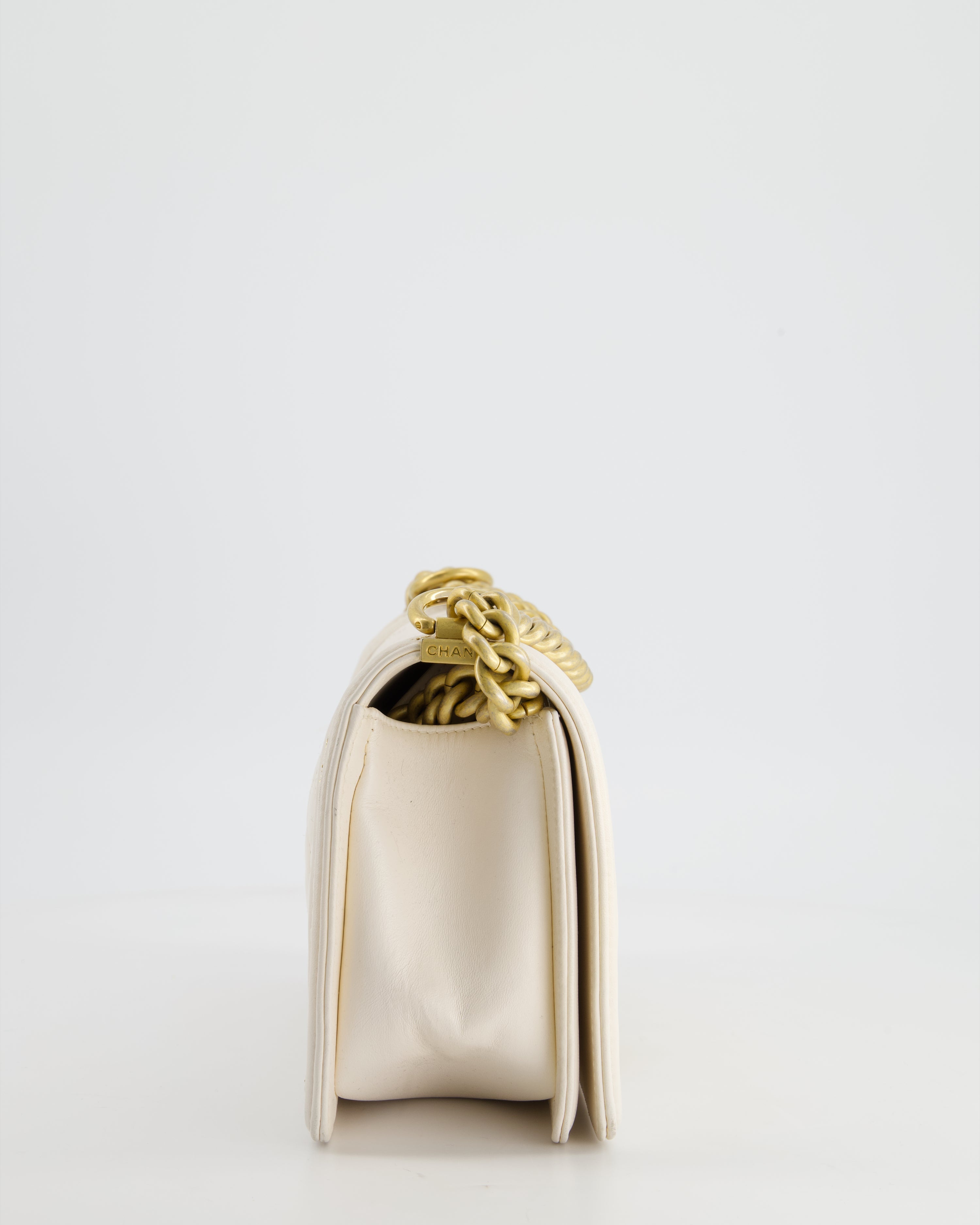 Chanel 17P White Medium Boy Bag in Lambskin Leather with Brushed Gold Hardware and Gold Chain Detail