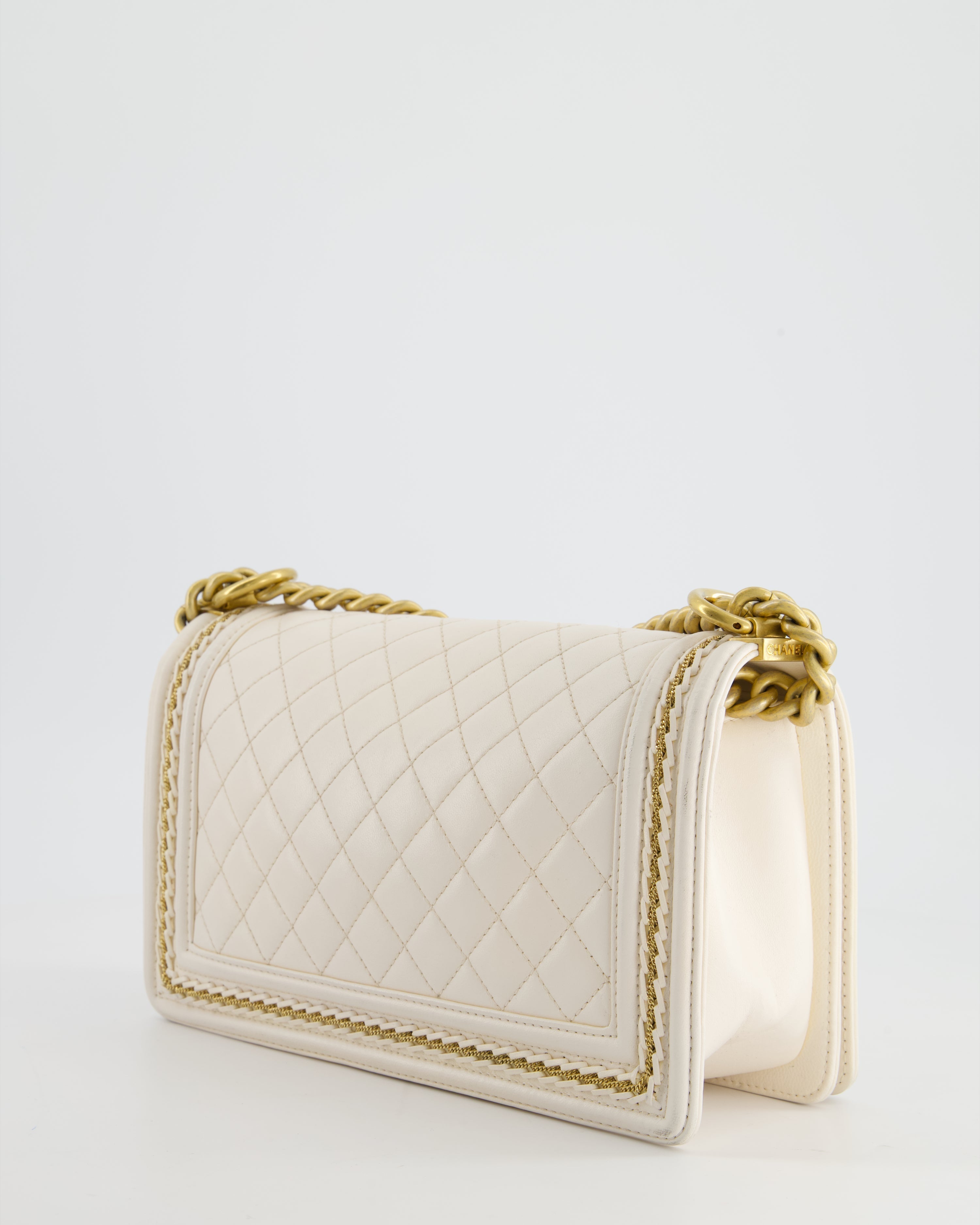 Chanel 17P White Medium Boy Bag in Lambskin Leather with Brushed Gold Hardware and Gold Chain Detail
