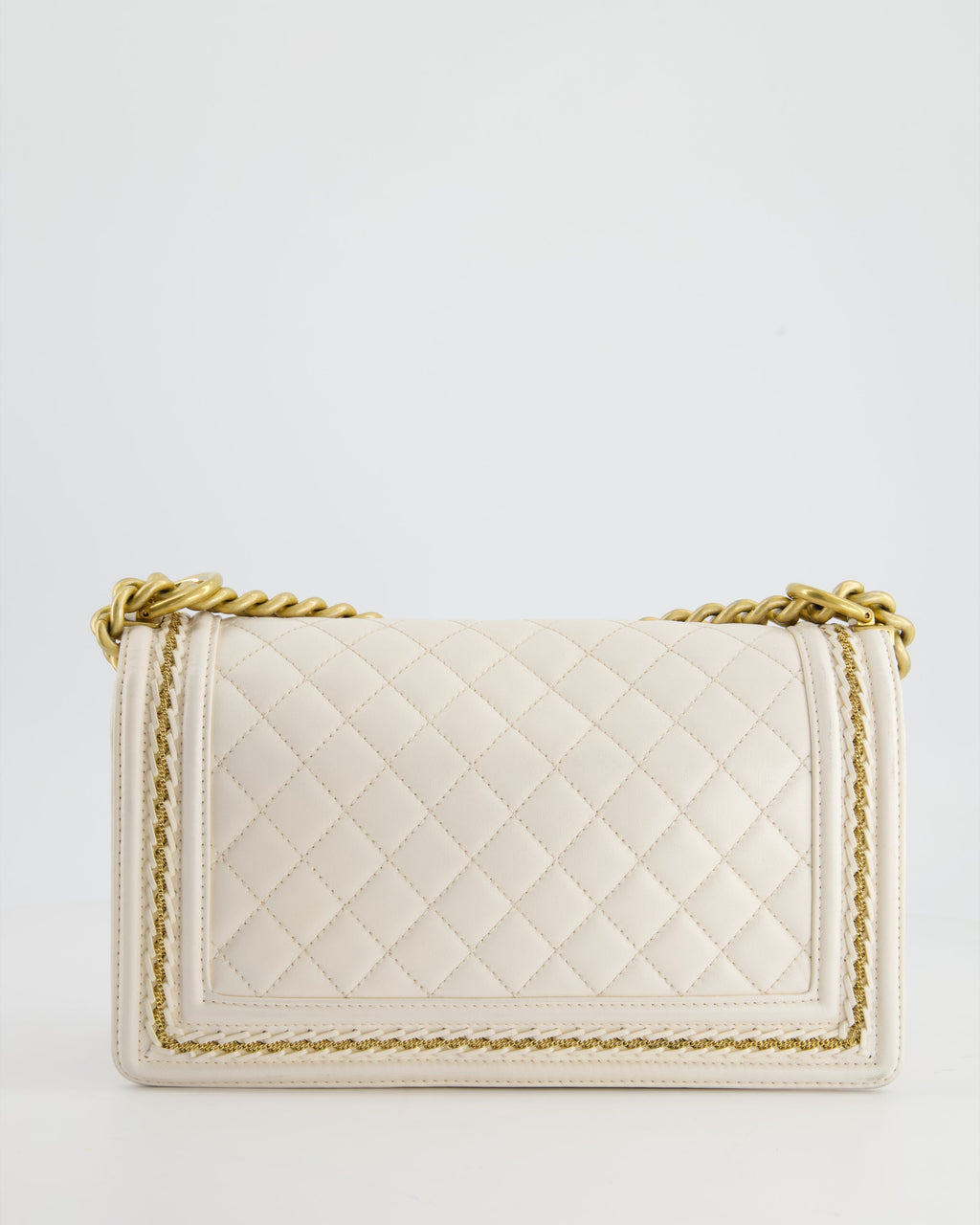 Chanel 17P White Medium Boy Bag in Lambskin Leather with Brushed Gold Hardware and Gold Chain Detail