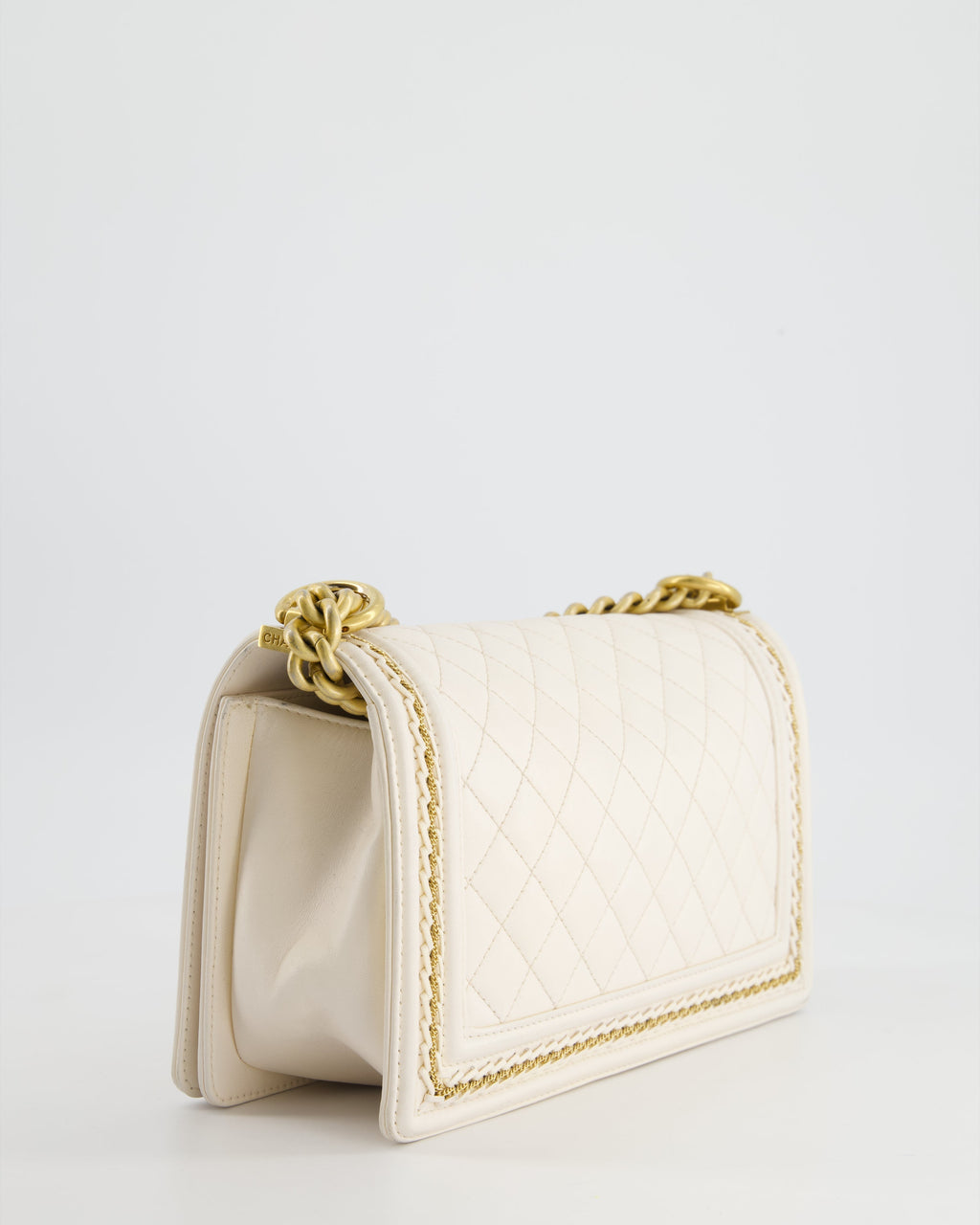 Chanel 17P White Medium Boy Bag in Lambskin Leather with Brushed Gold Hardware and Gold Chain Detail