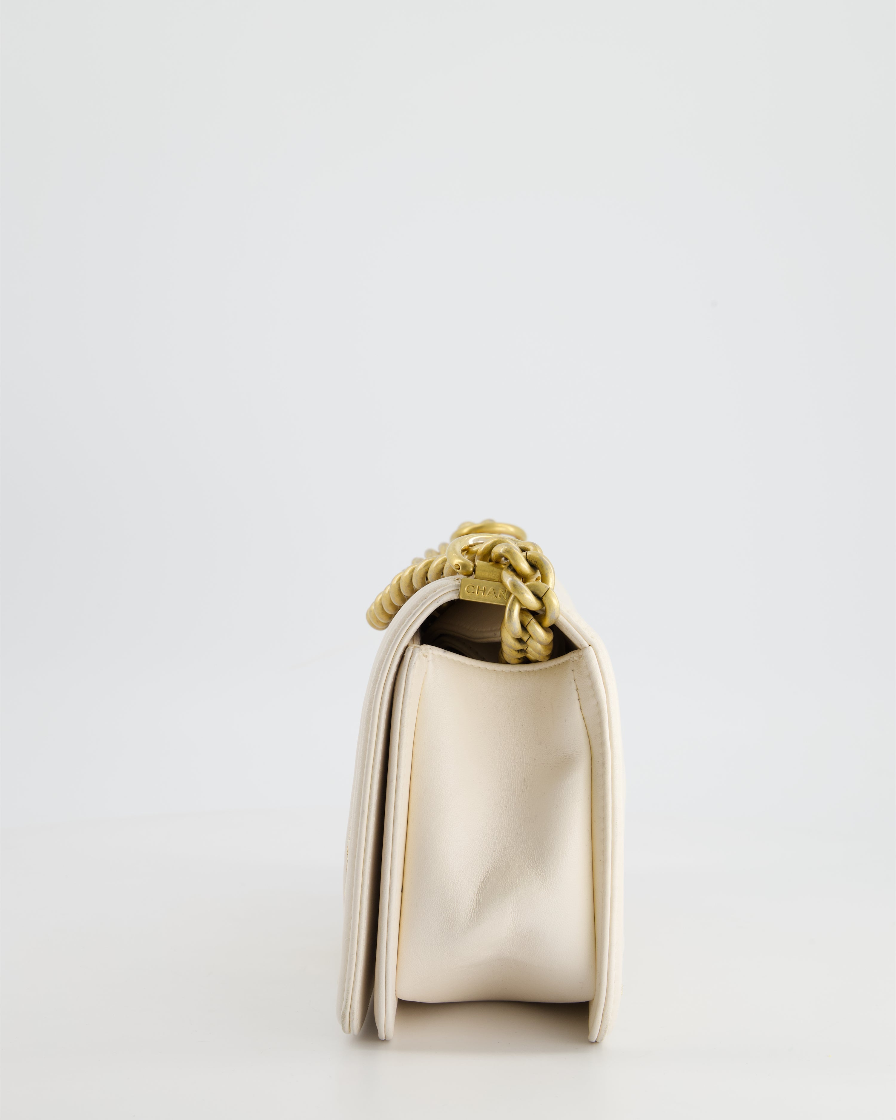 Chanel 17P White Medium Boy Bag in Lambskin Leather with Brushed Gold Hardware and Gold Chain Detail