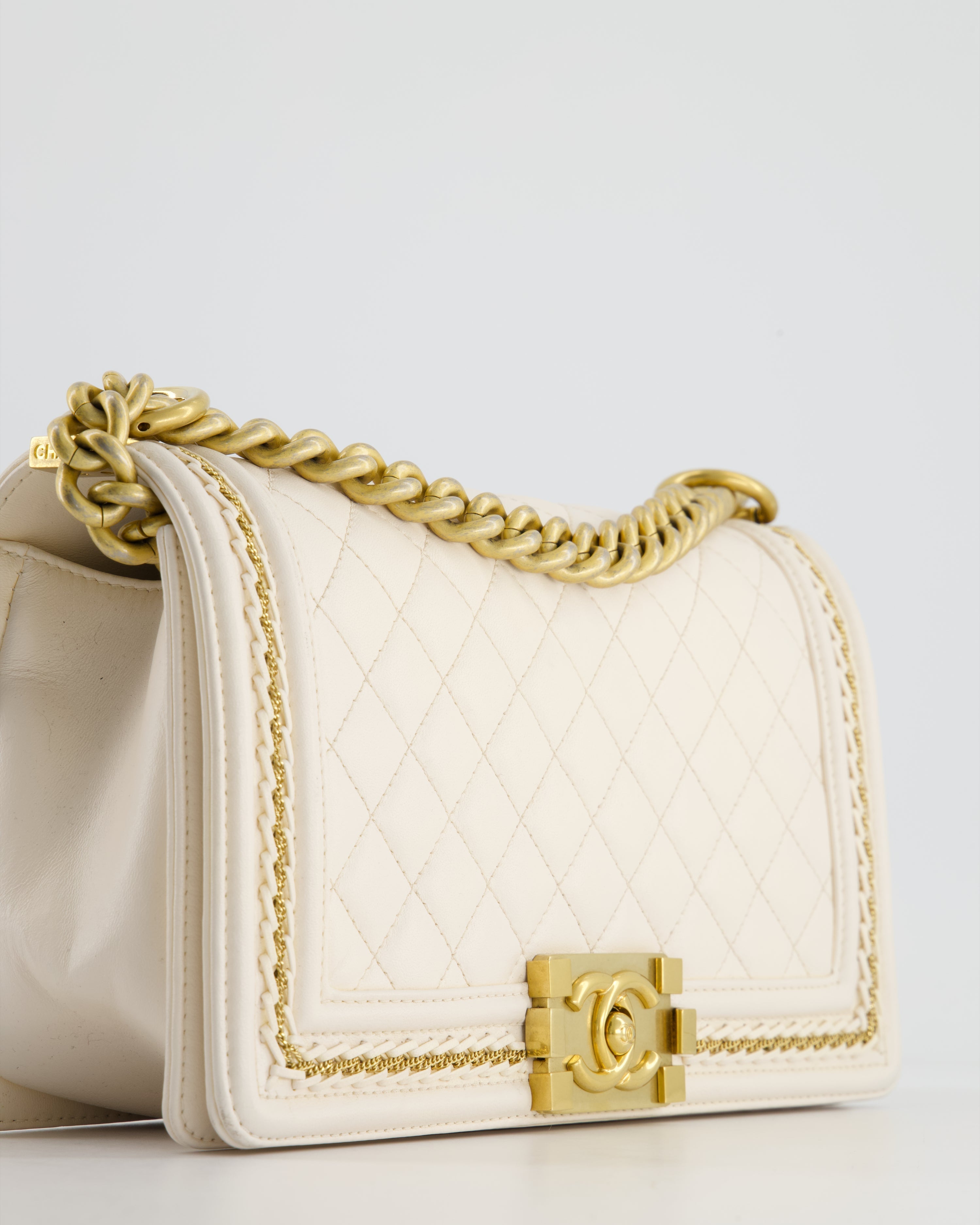 Chanel 17P White Medium Boy Bag in Lambskin Leather with Brushed Gold Hardware and Gold Chain Detail