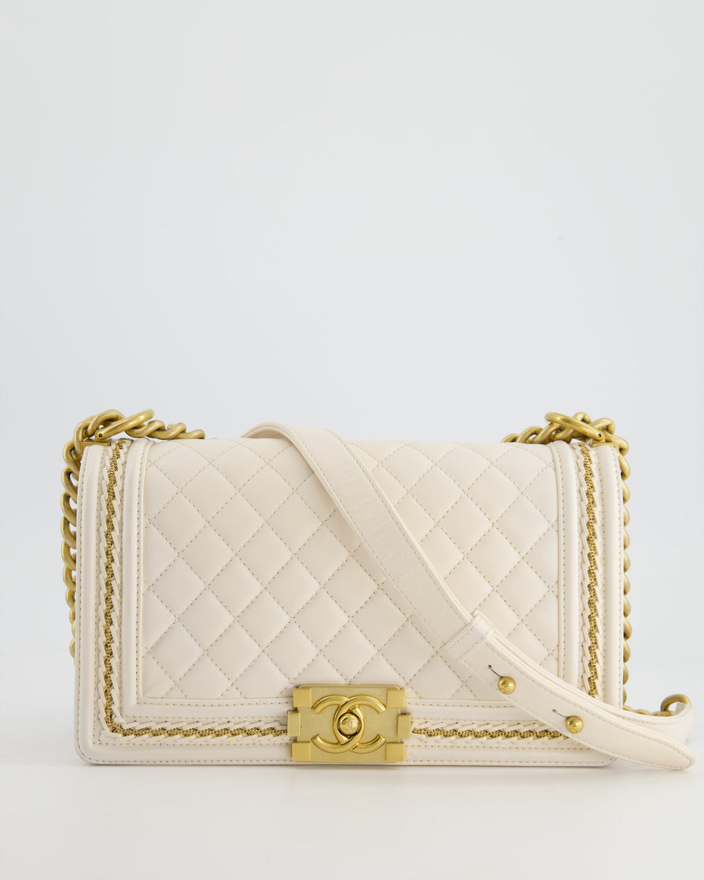 Chanel 17P White Medium Boy Bag in Lambskin Leather with Brushed Gold Hardware and Gold Chain Detail