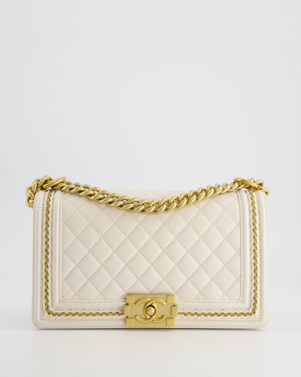 Chanel 17P White Medium Boy Bag in Lambskin Leather with Brushed Gold Hardware and Gold Chain Detail