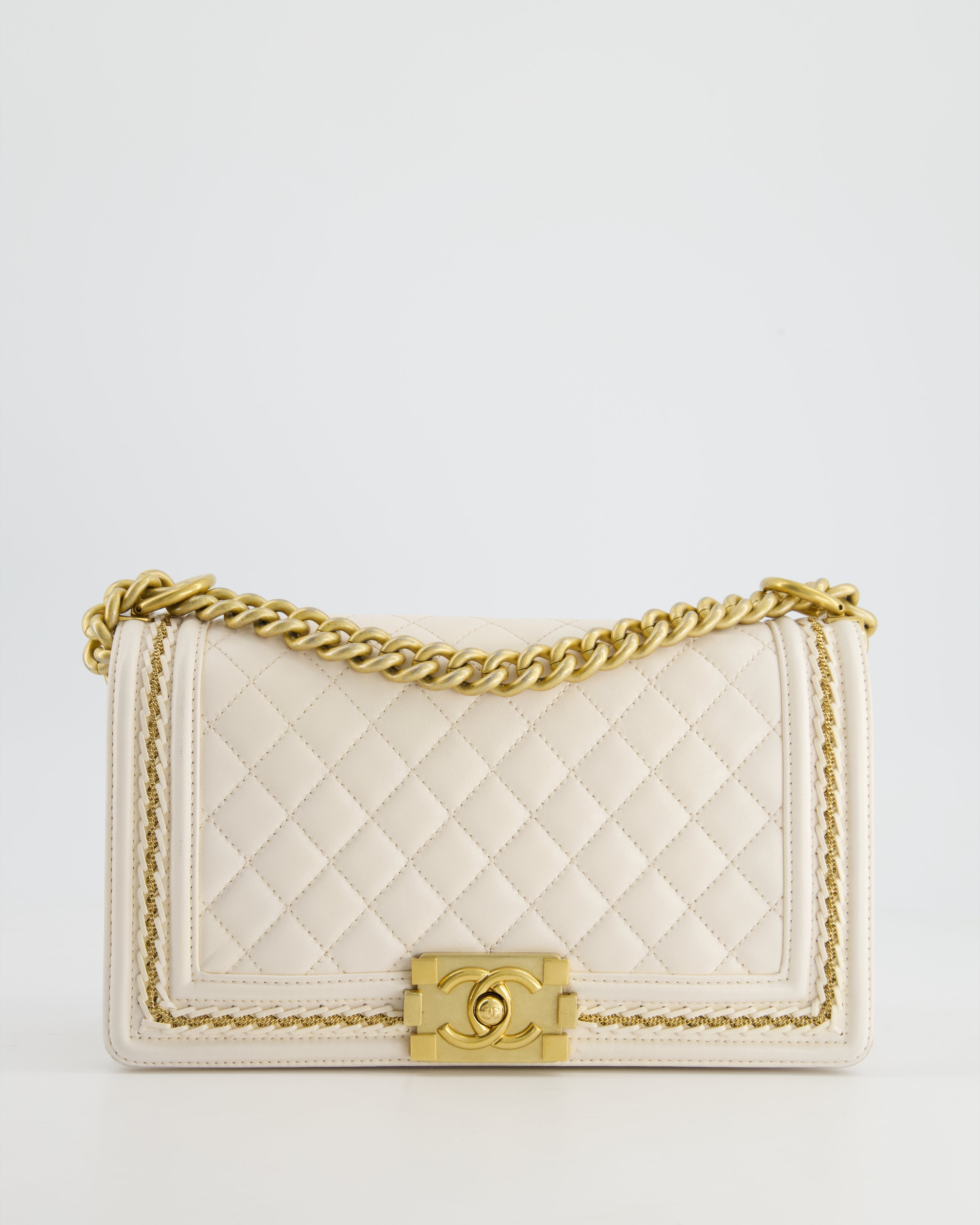 Chanel 17P White Medium Boy Bag in Lambskin Leather with Brushed Gold Hardware and Gold Chain Detail