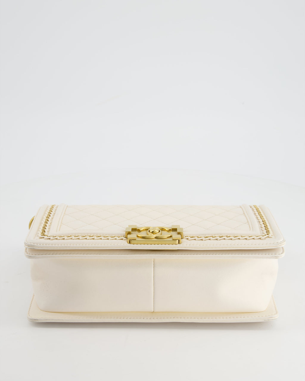 Chanel 17P White Medium Boy Bag in Lambskin Leather with Brushed Gold Hardware and Gold Chain Detail