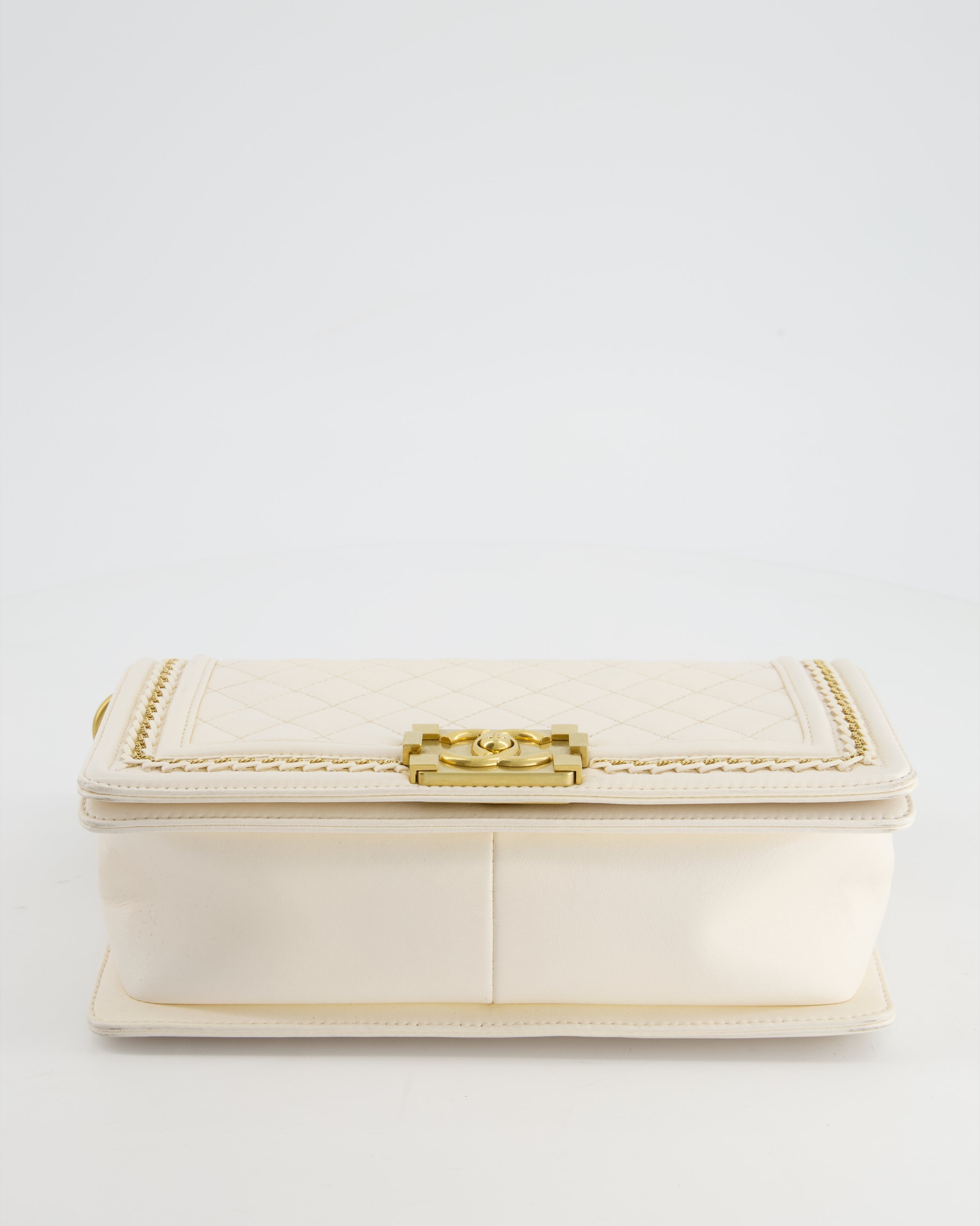 Chanel 17P White Medium Boy Bag in Lambskin Leather with Brushed Gold Hardware and Gold Chain Detail