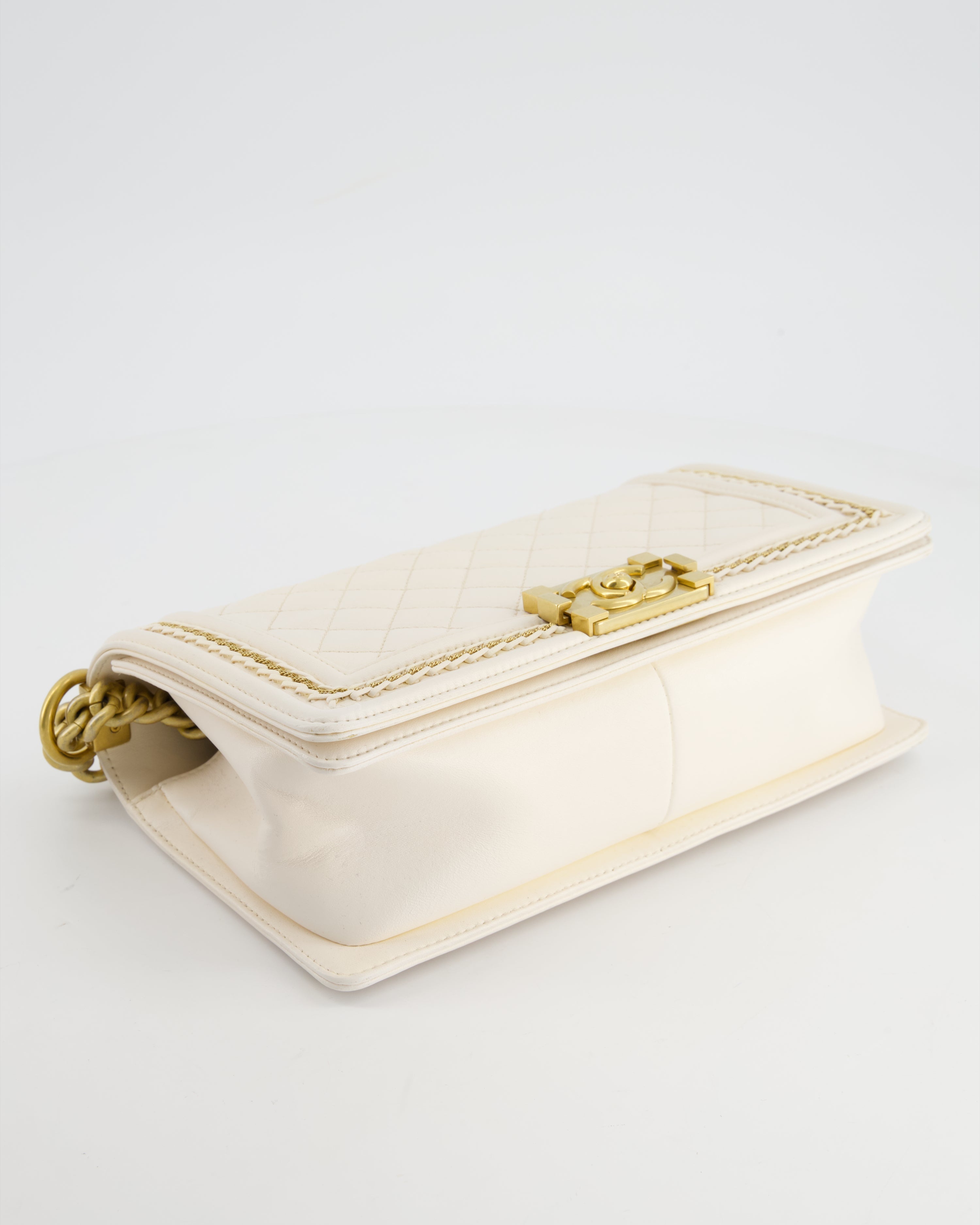 Chanel 17P White Medium Boy Bag in Lambskin Leather with Brushed Gold Hardware and Gold Chain Detail