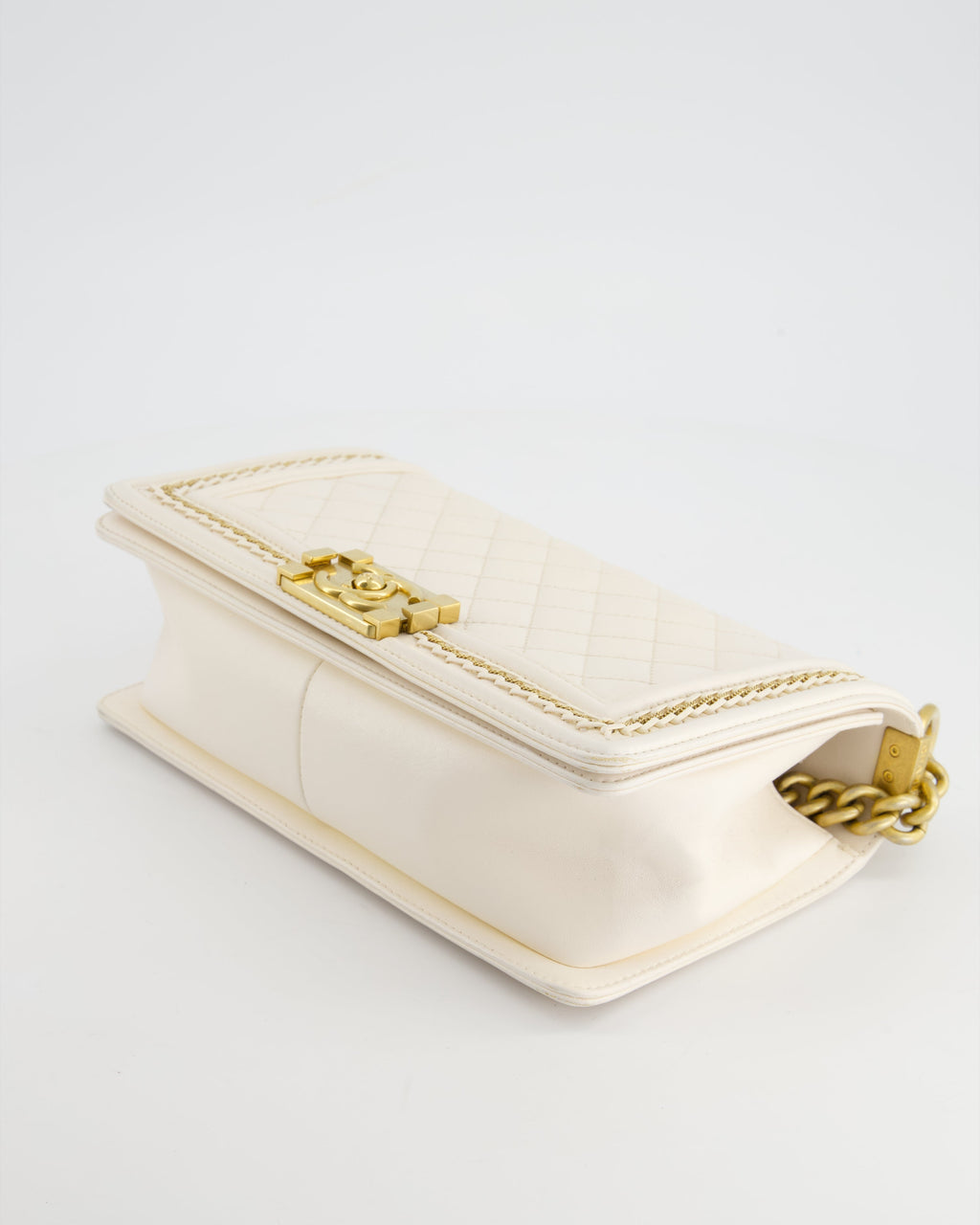 Chanel 17P White Medium Boy Bag in Lambskin Leather with Brushed Gold Hardware and Gold Chain Detail
