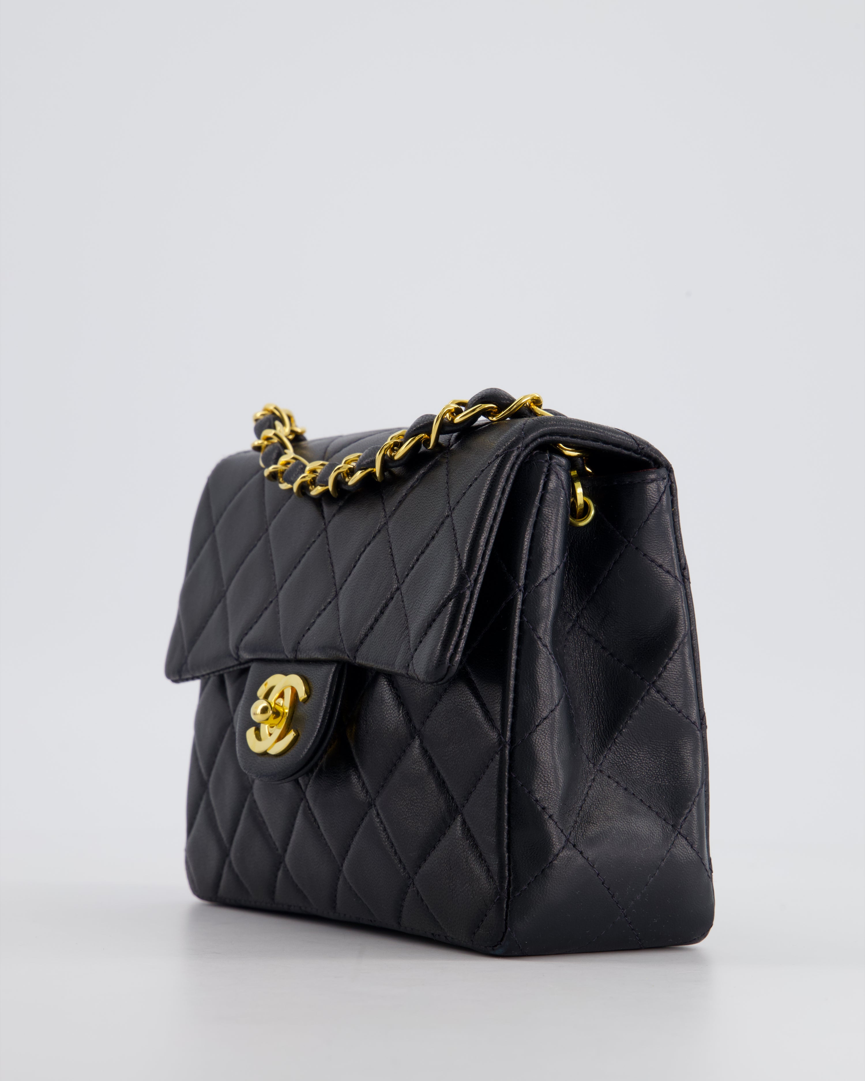 Chanel Vintage Black Mini Square Bag in Lambskin Leather with 24k Gold Hardware