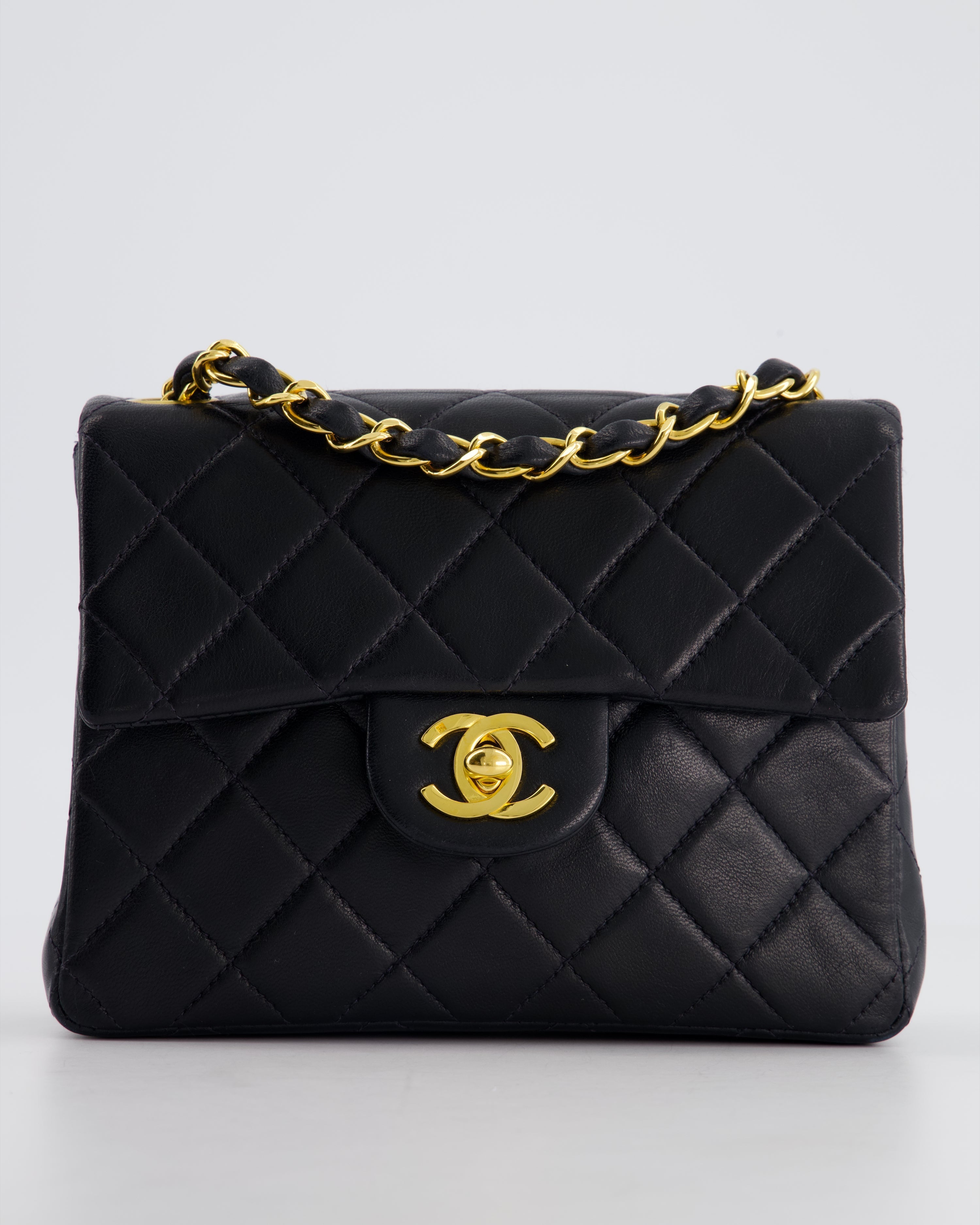 Chanel Vintage Black Mini Square Bag in Lambskin Leather with 24k Gold Hardware