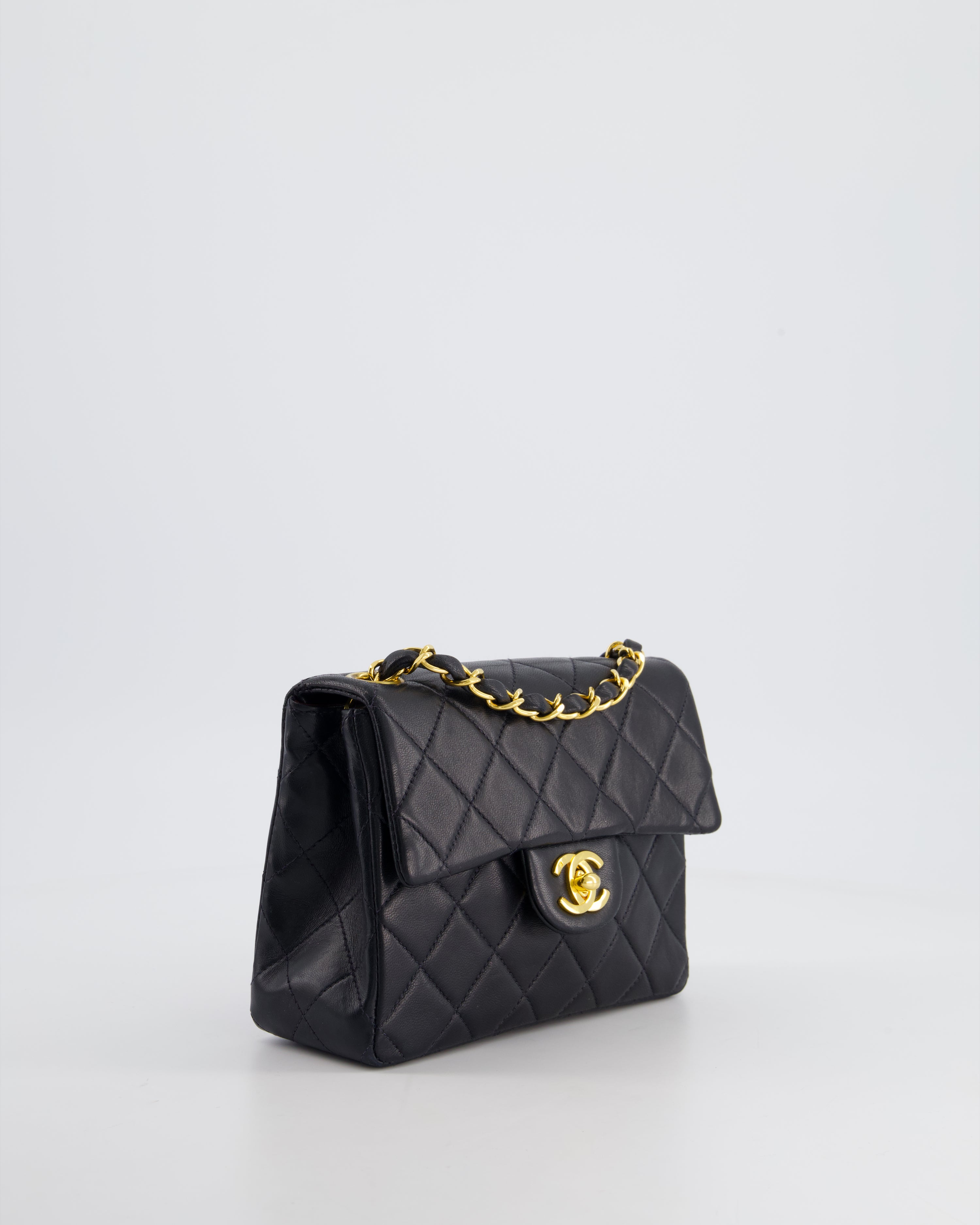 Chanel Vintage Black Mini Square Bag in Lambskin Leather with 24k Gold Hardware