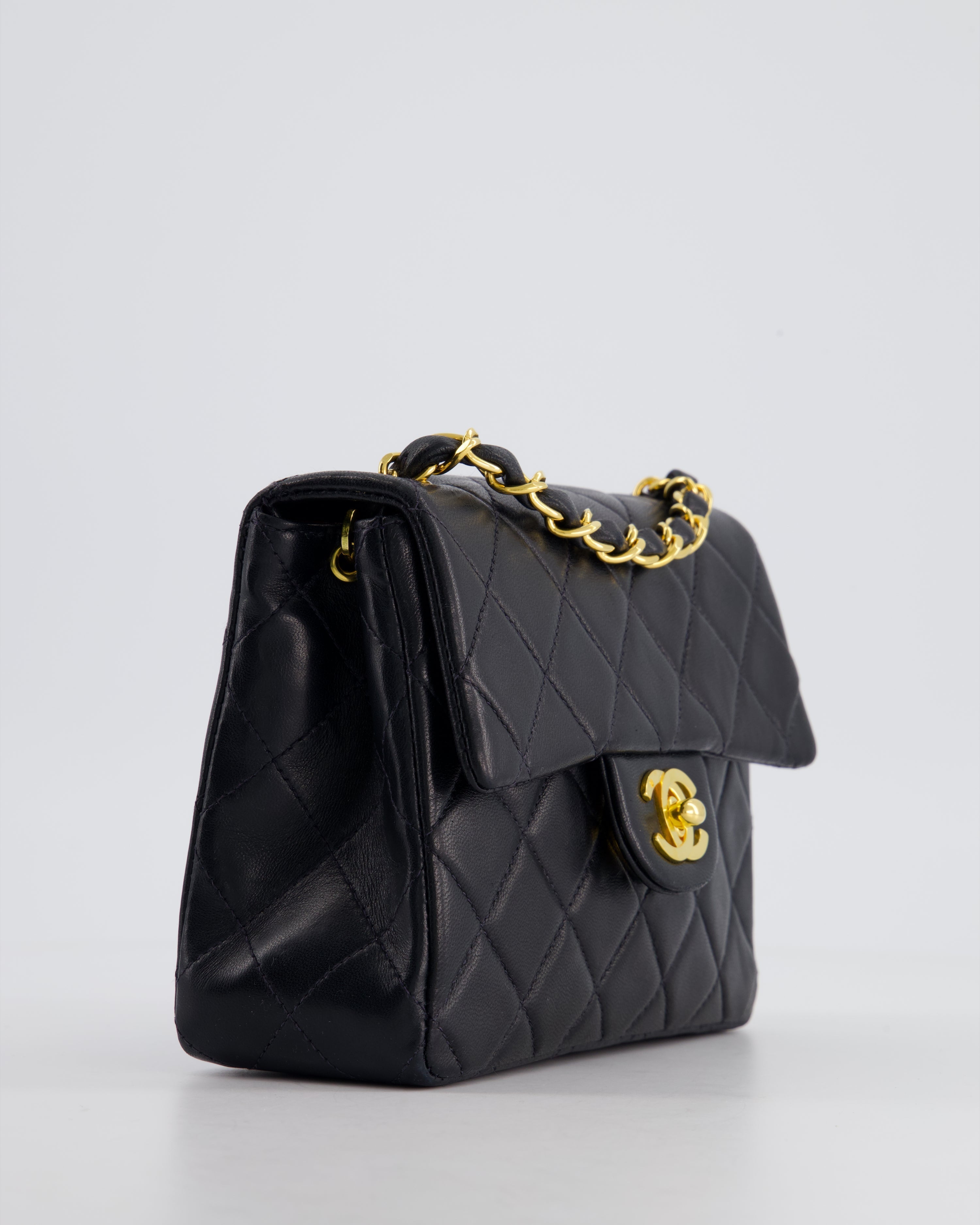 Chanel Vintage Black Mini Square Bag in Lambskin Leather with 24k Gold Hardware
