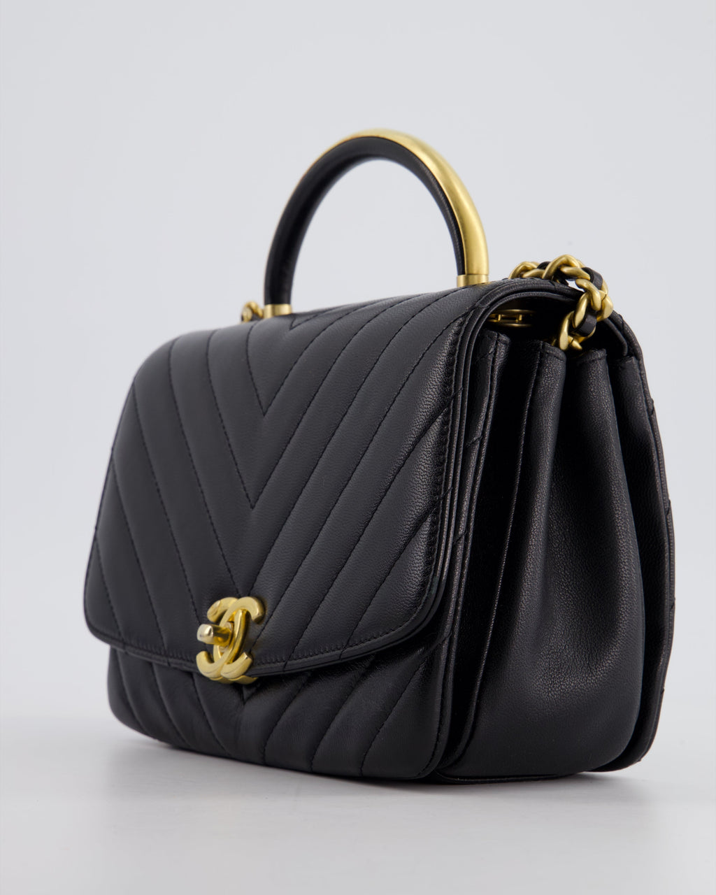 Chanel Black Top Handle Flap Bag in Chevron Lambskin with Antique Gold Hardware