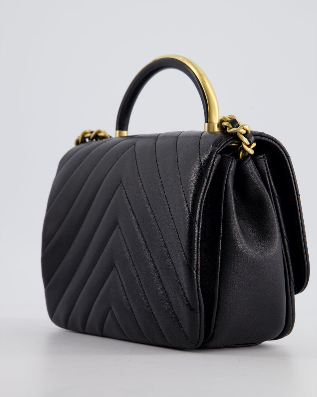 Chanel Black Top Handle Flap Bag in Chevron Lambskin with Antique Gold Hardware