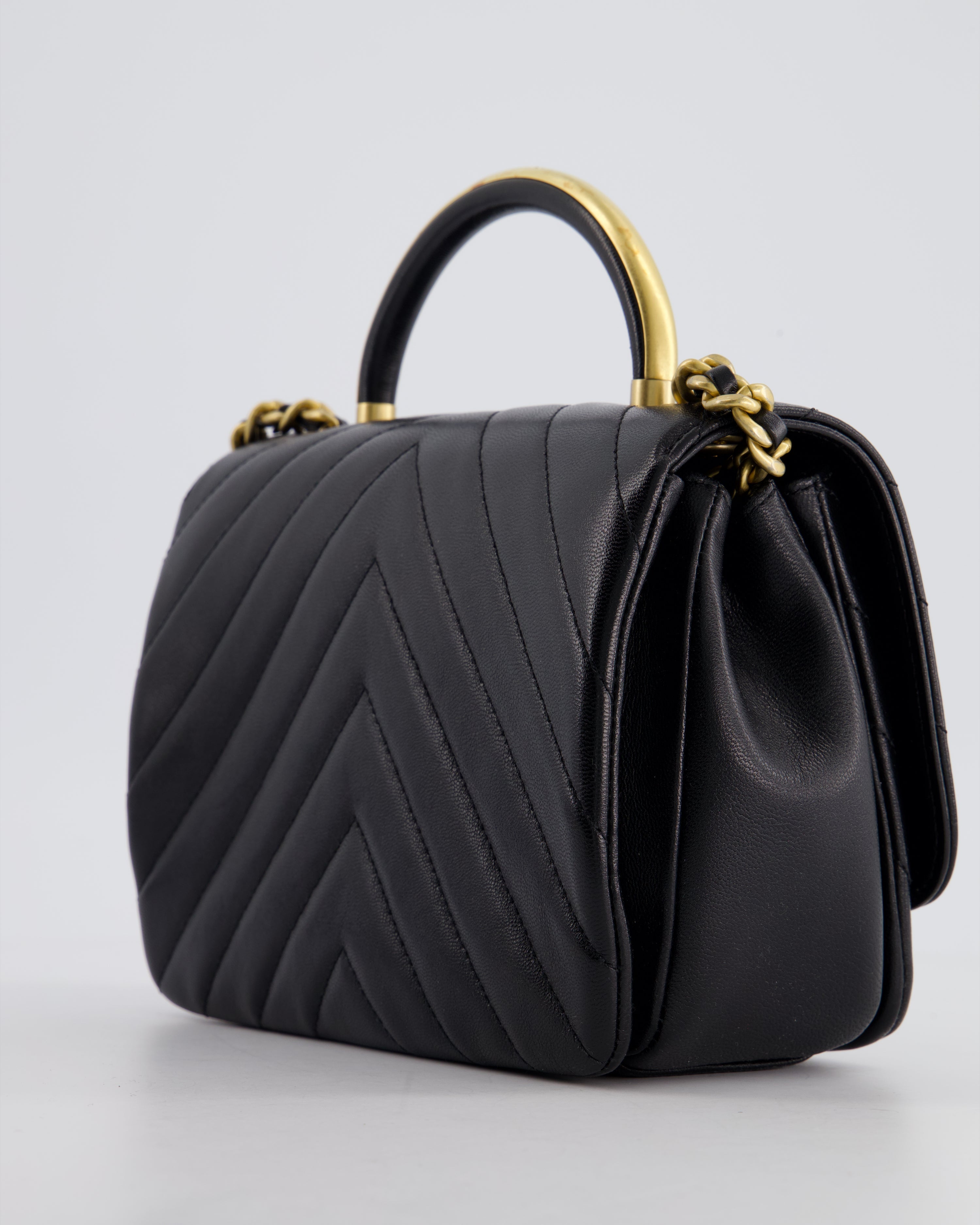 Chanel Black Top Handle Flap Bag in Chevron Lambskin with Antique Gold Hardware