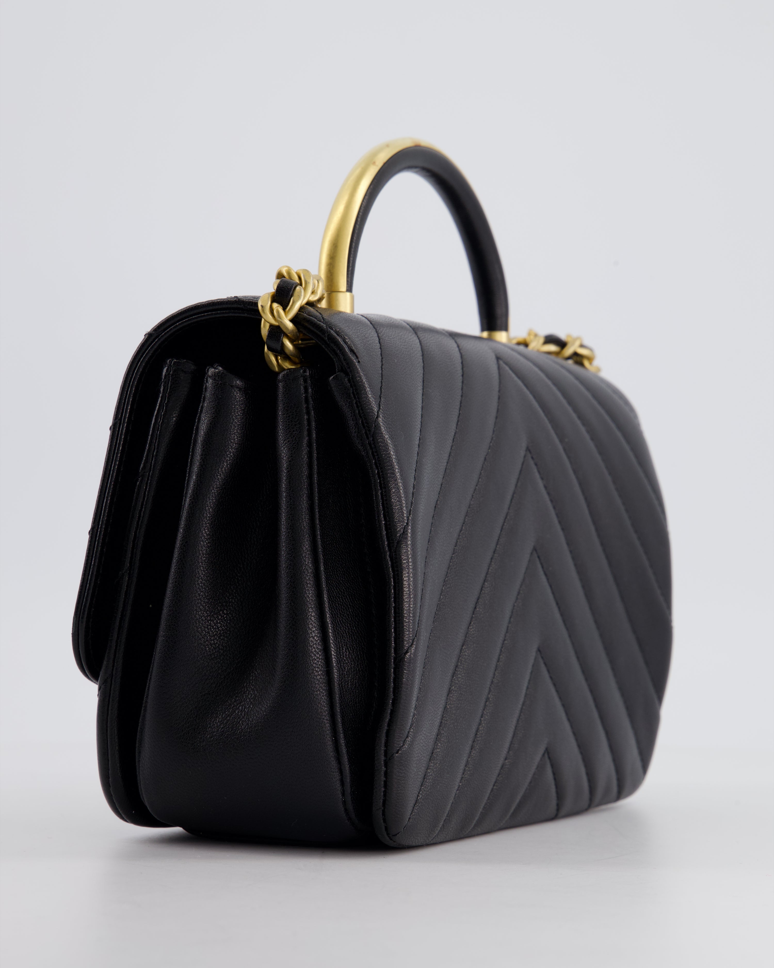 Chanel Black Top Handle Flap Bag in Chevron Lambskin with Antique Gold Hardware