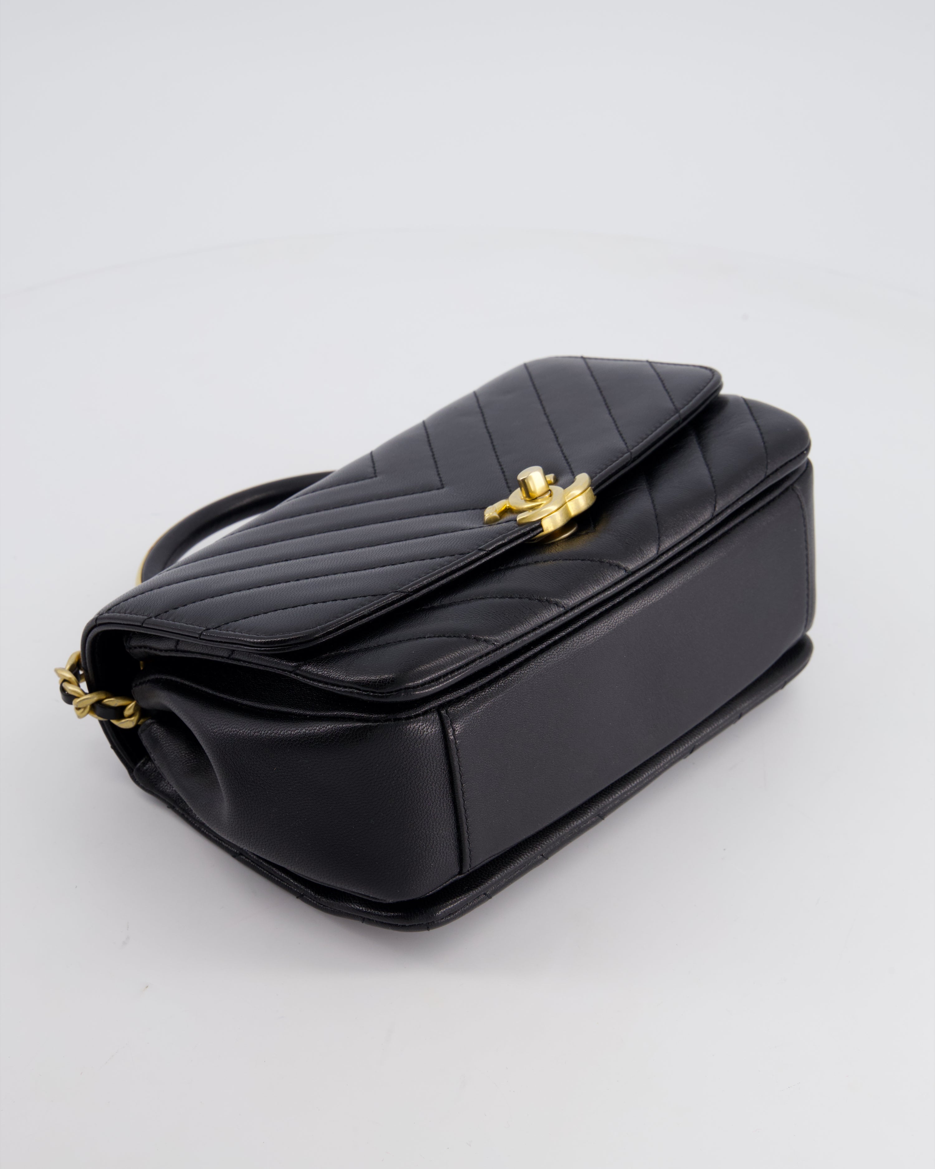 Chanel Black Top Handle Flap Bag in Chevron Lambskin with Antique Gold Hardware
